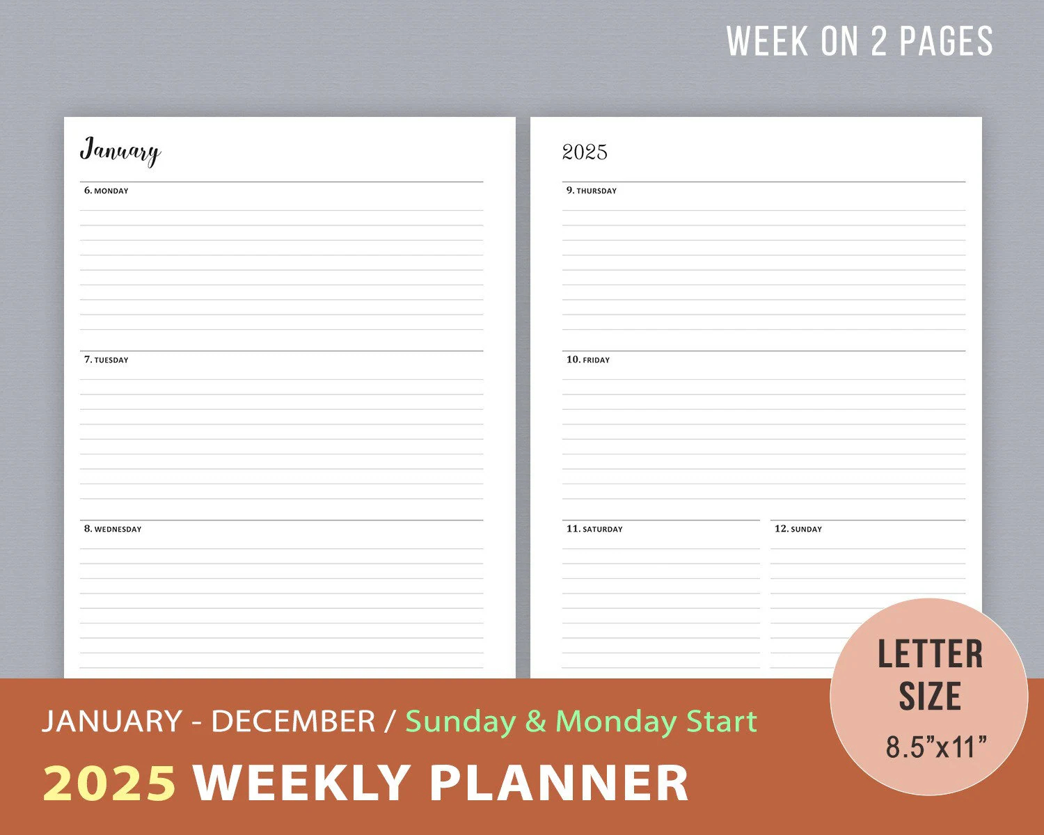 2025 Weekly Planner Printable Sunday Monday Start WO2P Goals Agenda Week On 2 Pages Daily Planner Inserts Instant Download Letter Size Etsy