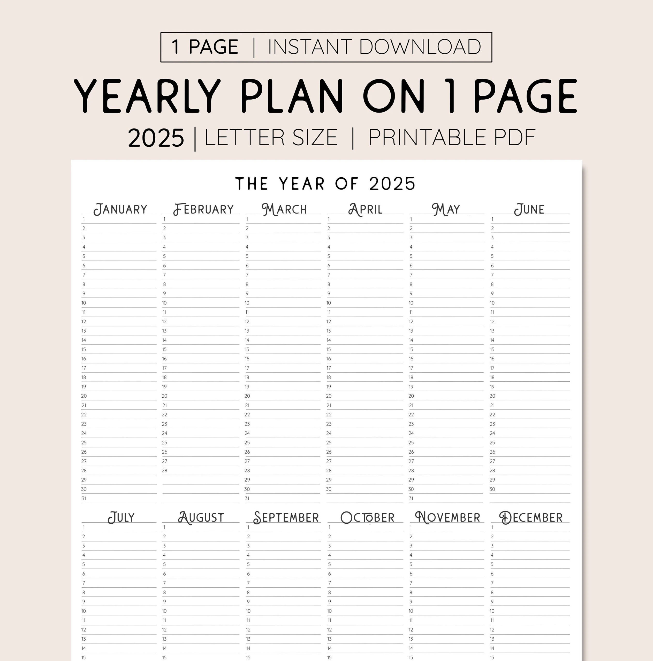 2025 Year At A Glance Printable Calendar PDF Etsy