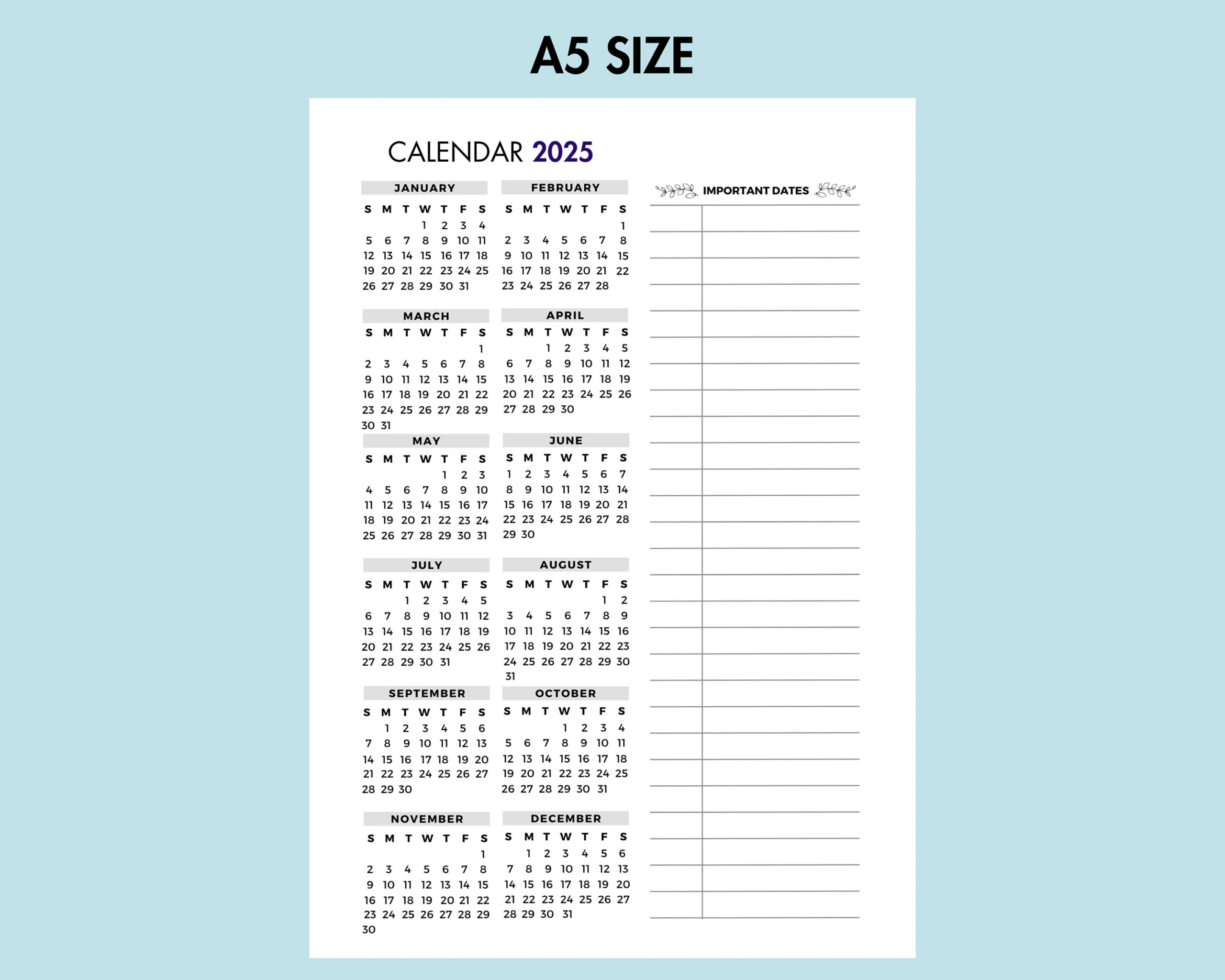 2025 Yearly Calendar With Important Date 2025 Year Planner 2025 Year At A Glance PDF 12 Month Calendar A5 Planner Insert A5 Journal Page Etsy 2025 Yearly Calendar With Important Date 2025 Year Planner 2025 Year At A Glance PDF 12 Month Calendar A5 Planner Insert A5 Journal Page Etsy
