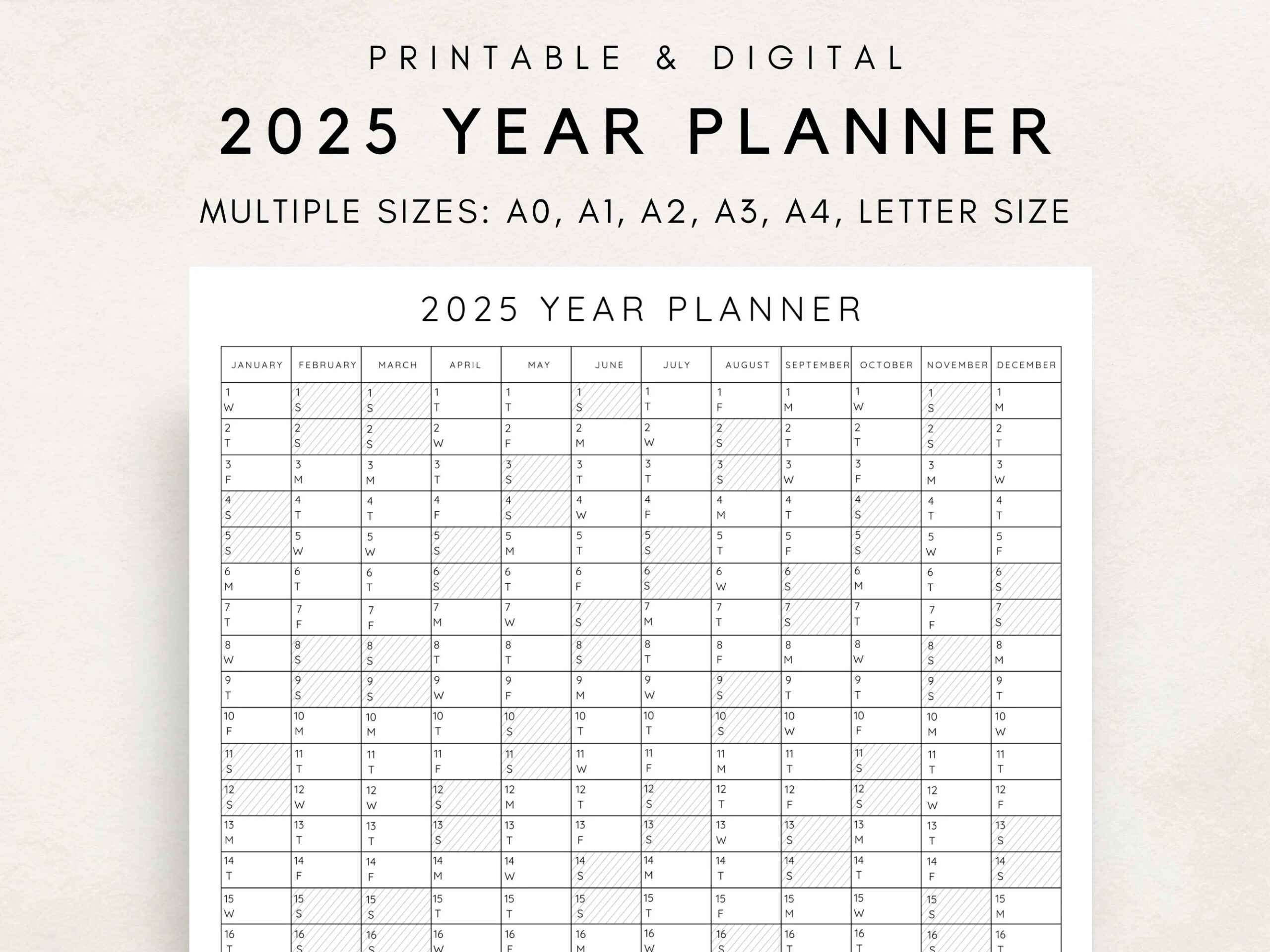 2025 Yearly Planner Printable Yearly Planning Calendar Calendar Poster Digital Calendar 2025 Calendar 2025 Planner Yearly Overview Etsy