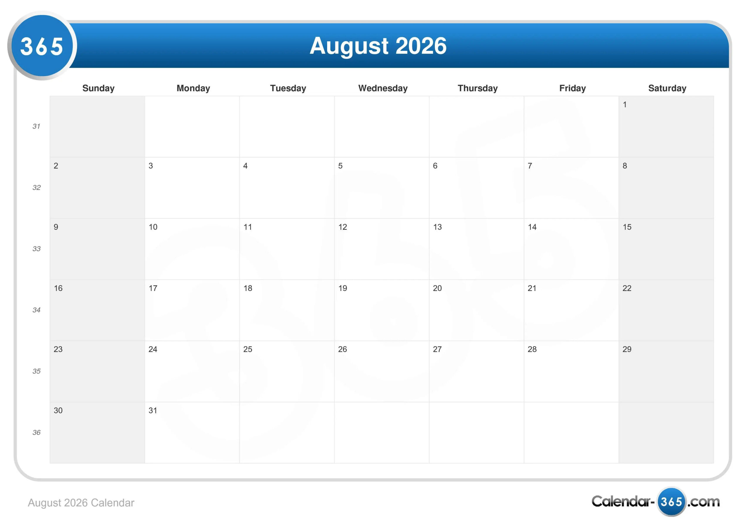 2026 August Calendar Printable Alphabet Charts