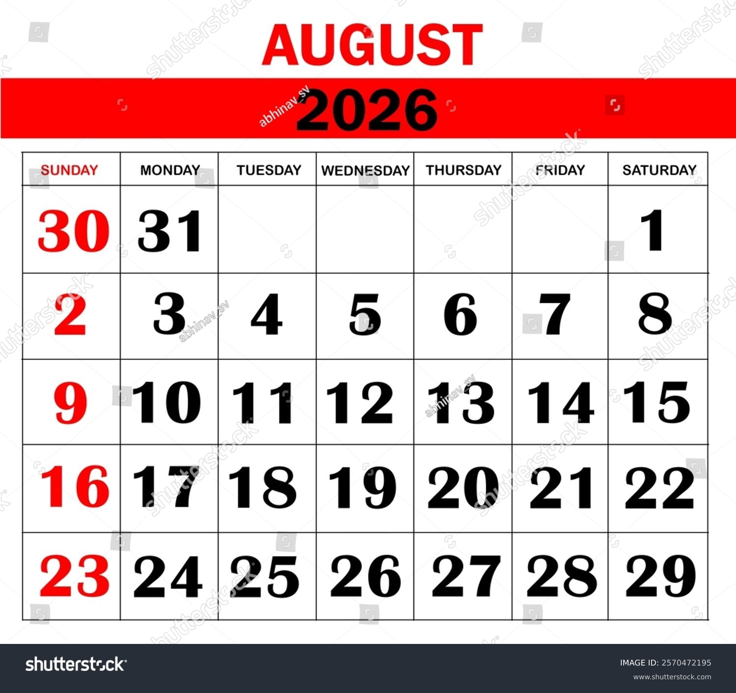 2026 August Month Calendar Big Clean Stock Illustration 2570472195 Shutterstock