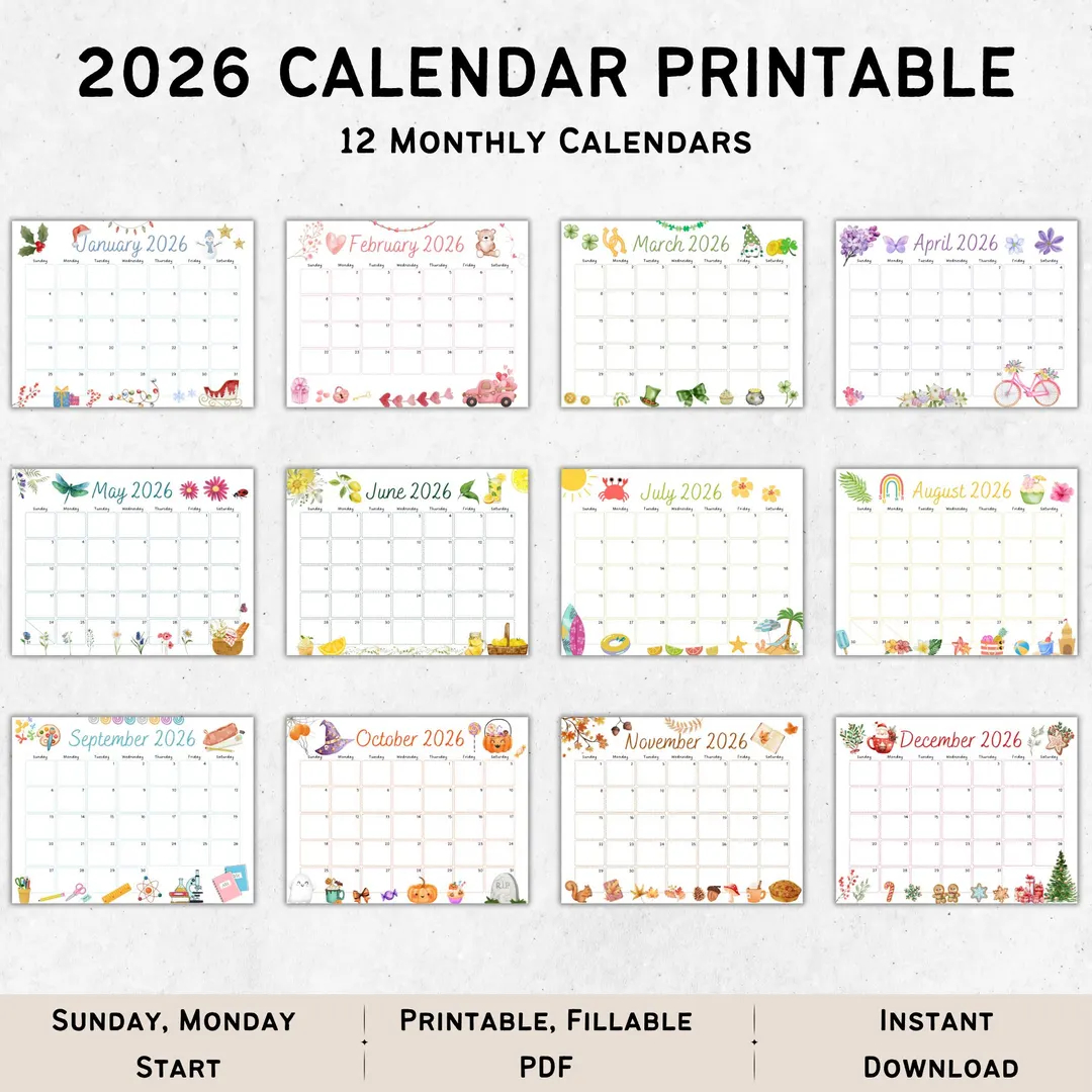 2026 Calendar Printable Printable Wall Calendar Kids Calendar 2026 Editable Calendar Kids Monthly Planner Digital Planner Homeschool Etsy