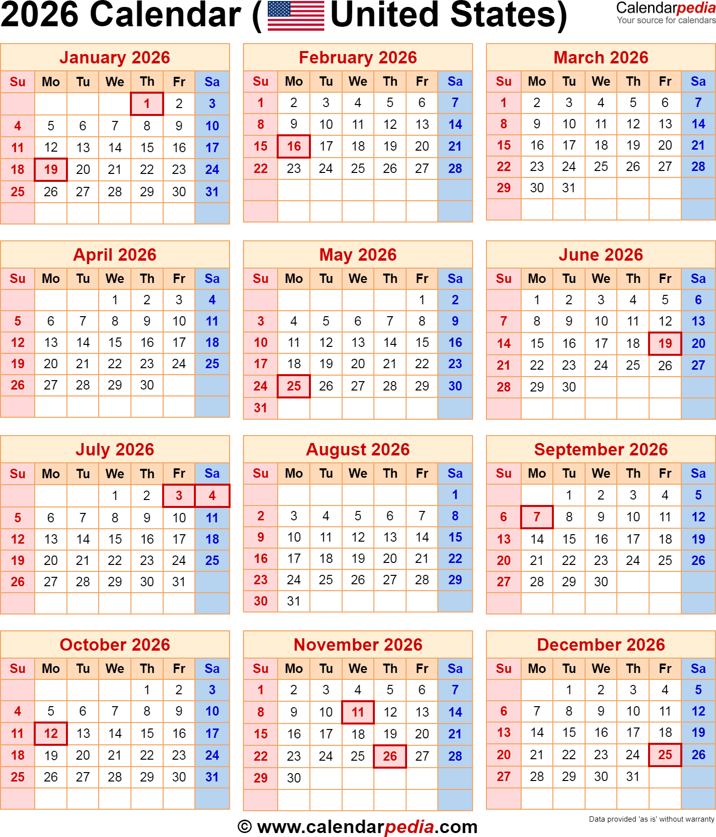 2026 Calendar With Holidays Printable Pdf