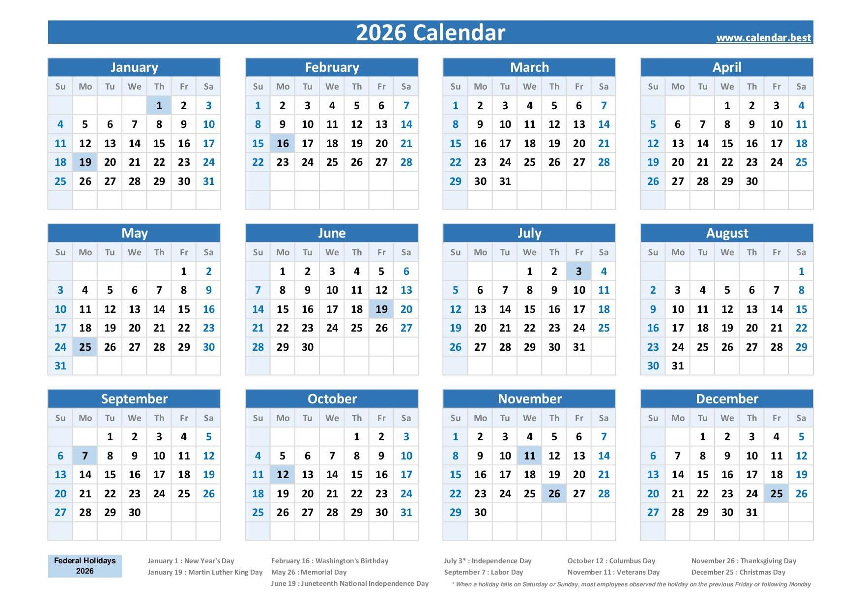 2026 Calendar With Holidays US Federal Holidays 2026 Calendar With Holidays US Federal Holidays