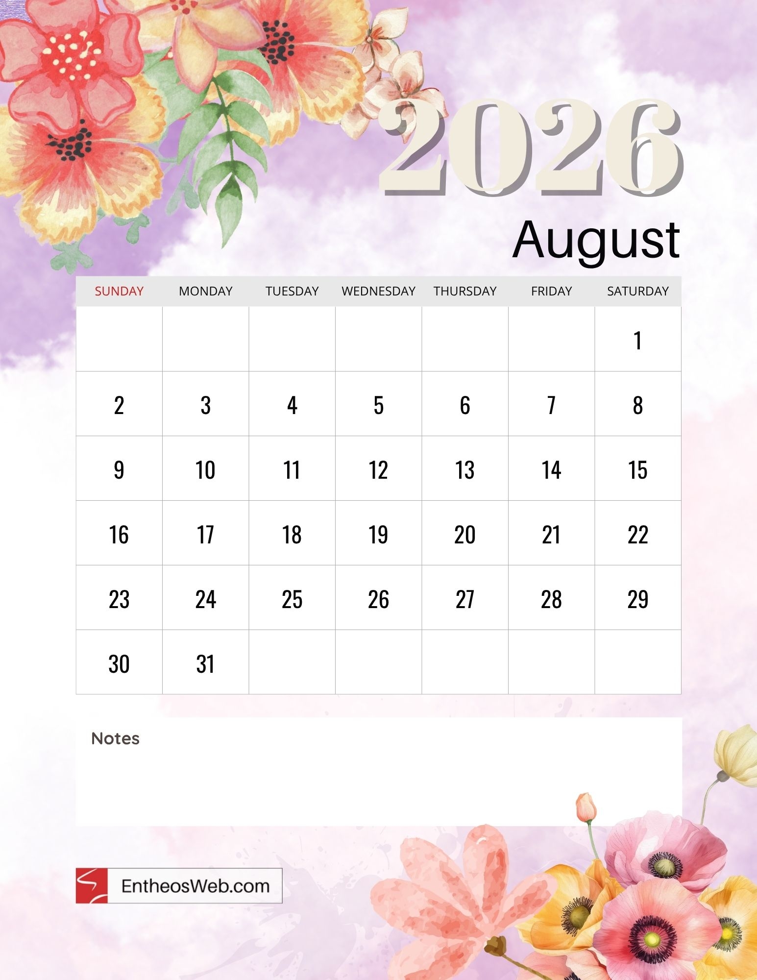 2026 Floral Month Calendar Printables EntheosWeb
