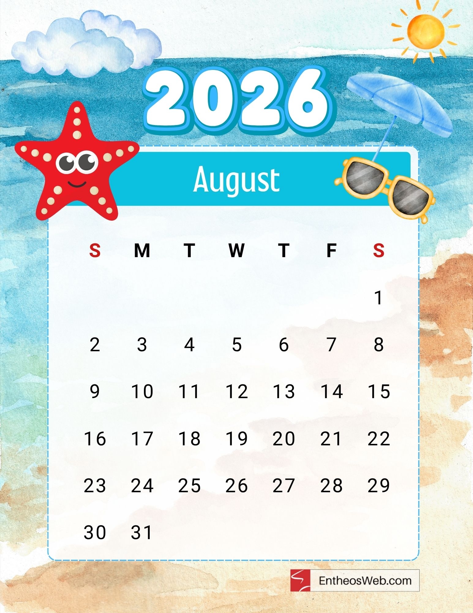 Free Printable June July August 2026 Calendar