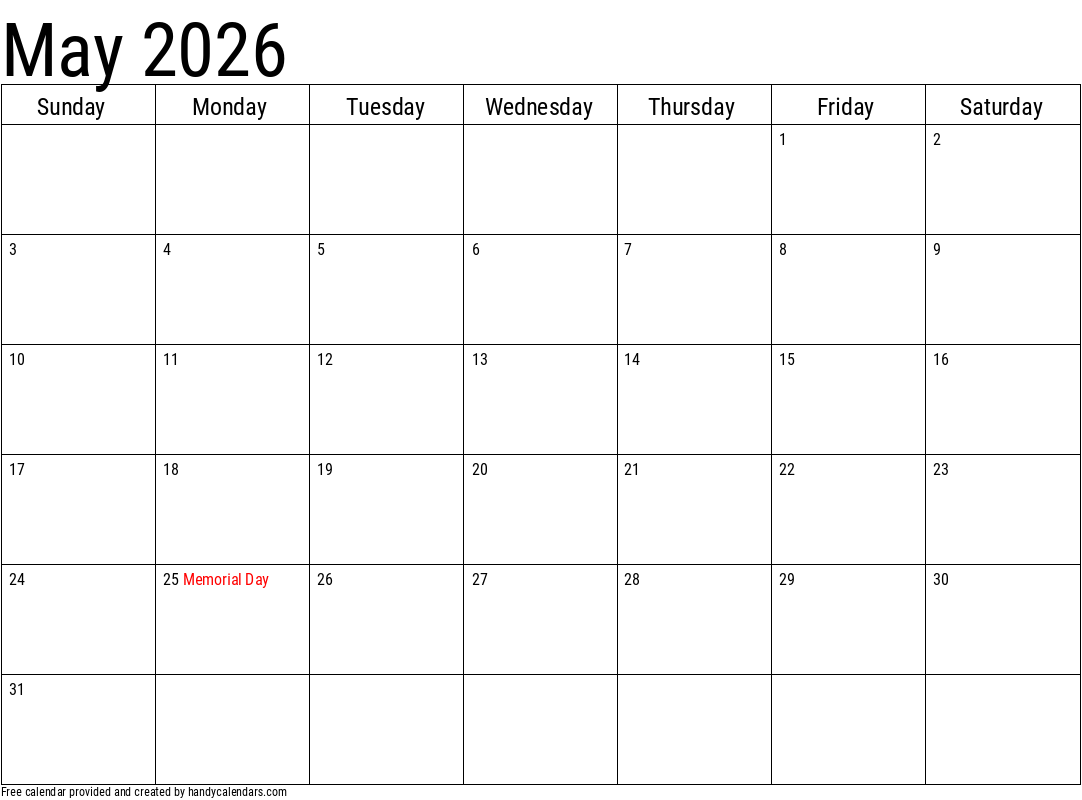 Free May Calendar 2026 Printable
