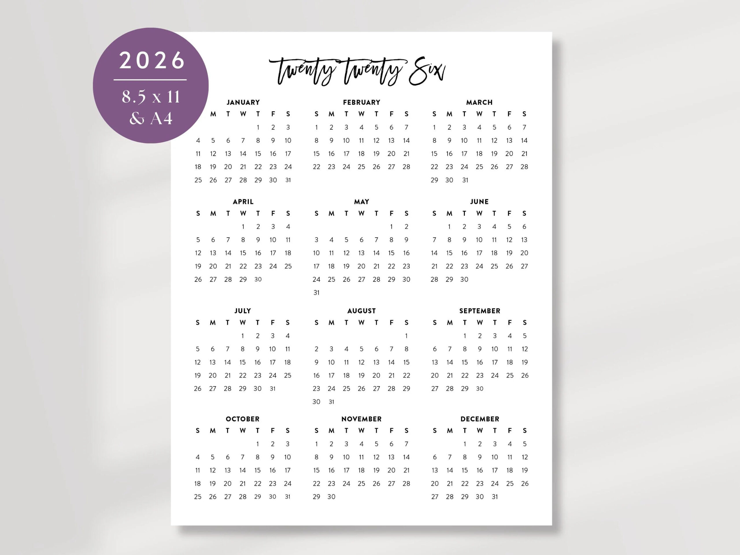 2026 Minimalist Calendar Printable 8 5x11 A4 digital Download Etsy