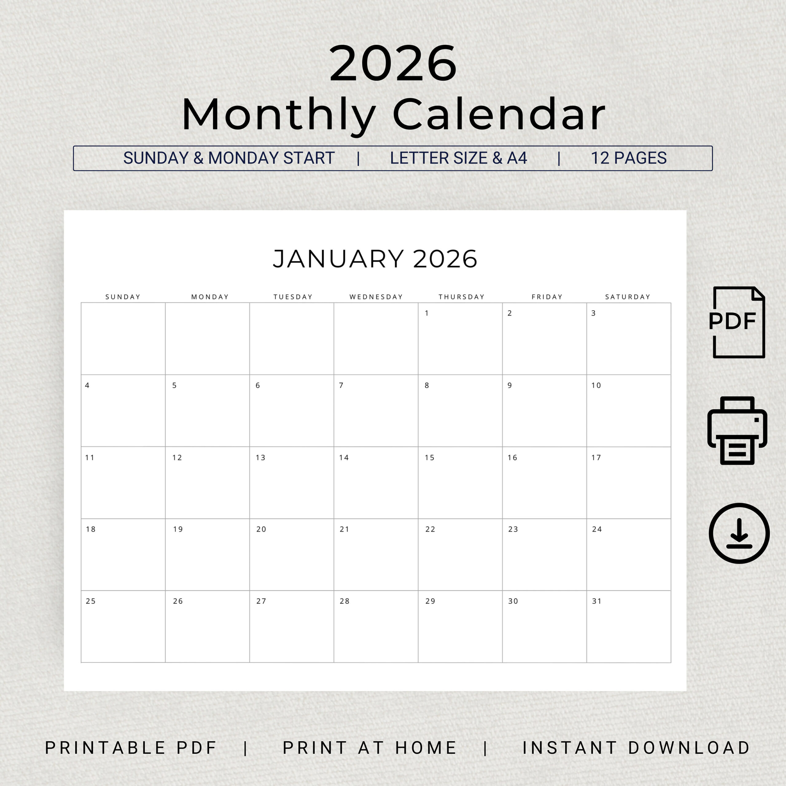 2026 Monthly Calendar Printable Minimalist Landscape Planner PDF Download Etsy 2026 Monthly Calendar Printable Minimalist Landscape Planner PDF Download Etsy