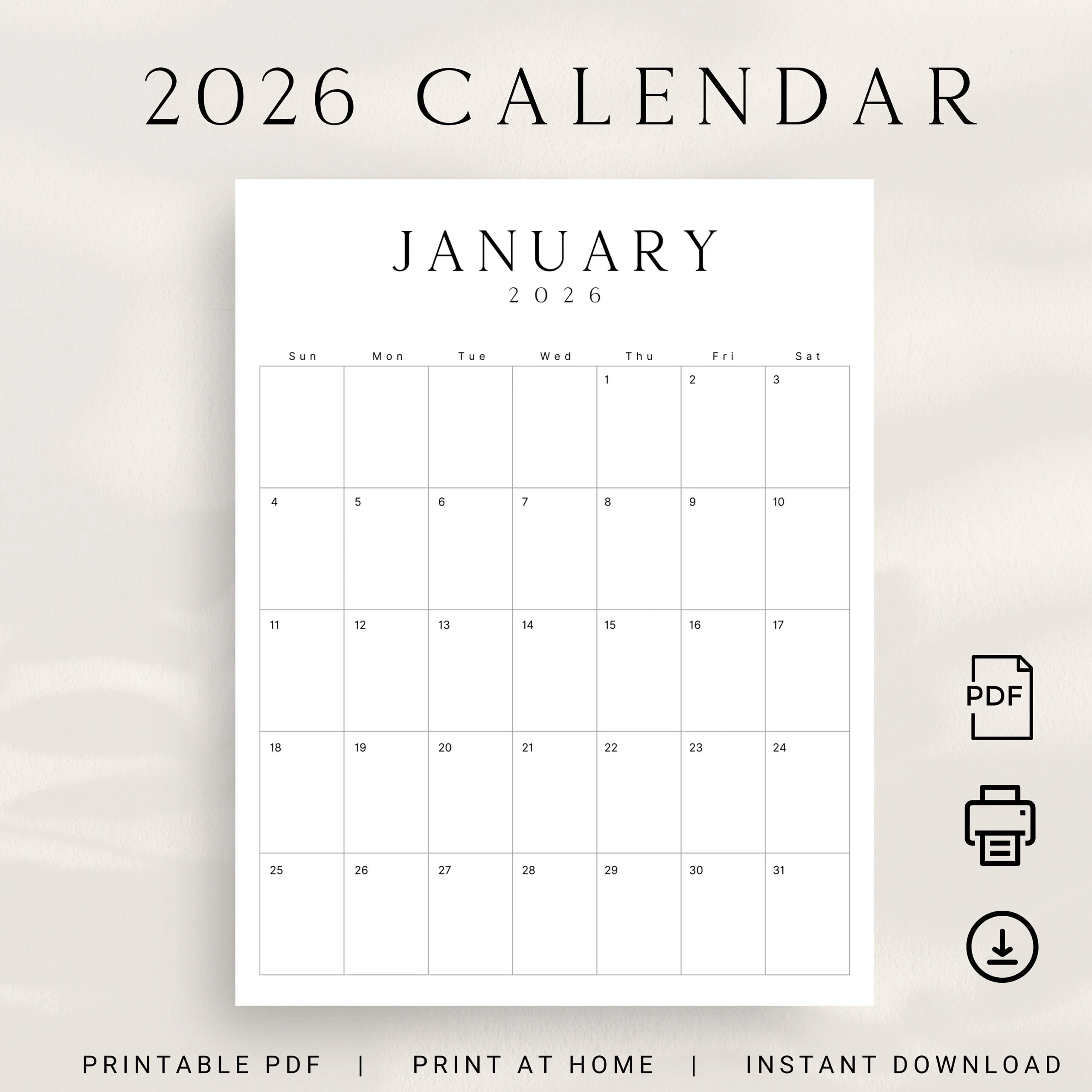 2026 Printable Calendar 2026 Planner Vertical Calendar Portrait LUXE Monthly Calendar A4 Letter Size Sunday Monday Start 2026 Calendar PDF Etsy