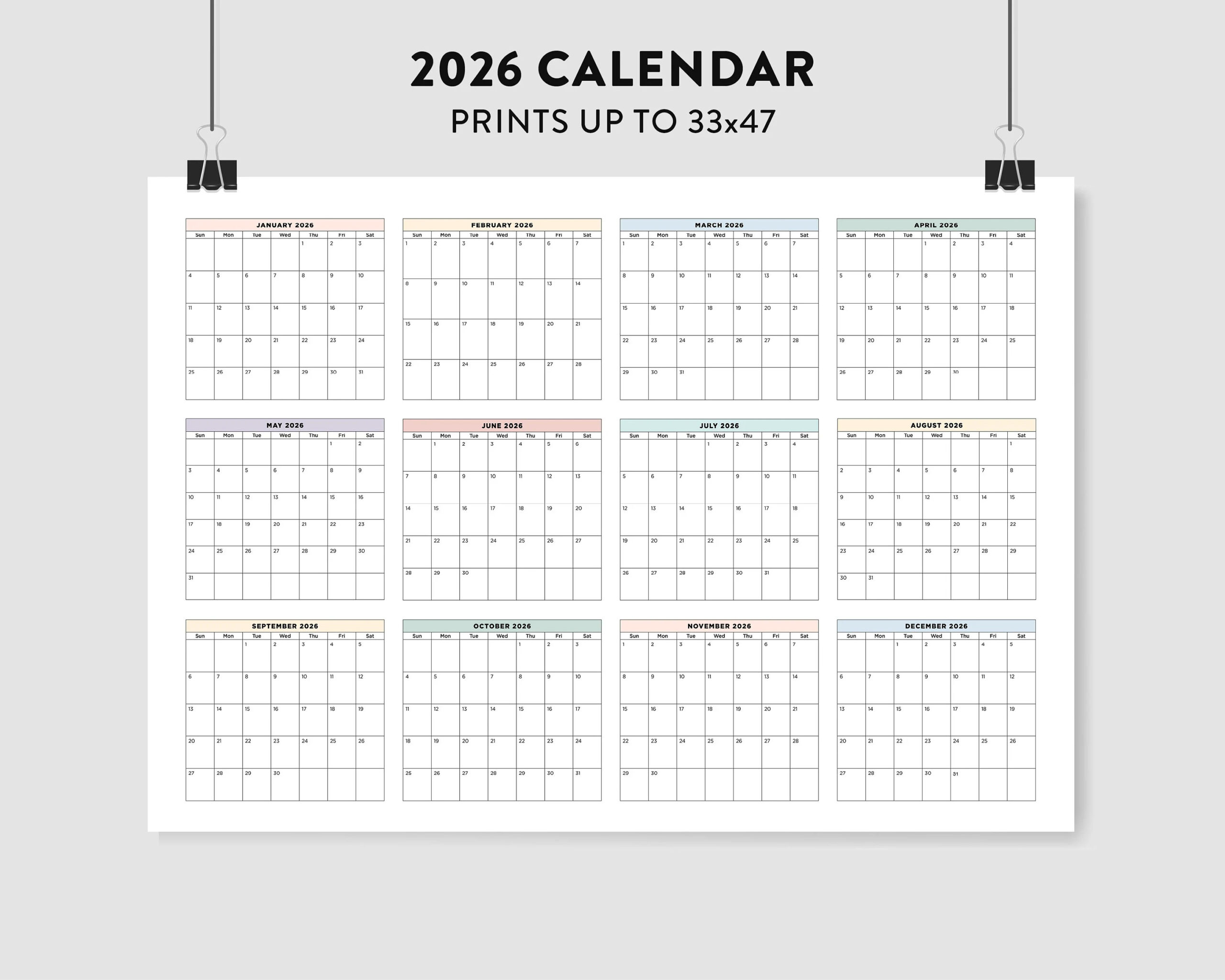 2026 Wall Calendar 2026 Large Printable Calendar 2026 Pastel Calendar 2026 Calendar Landscape 2026 Monthly Calendar Big Wall Planner Etsy