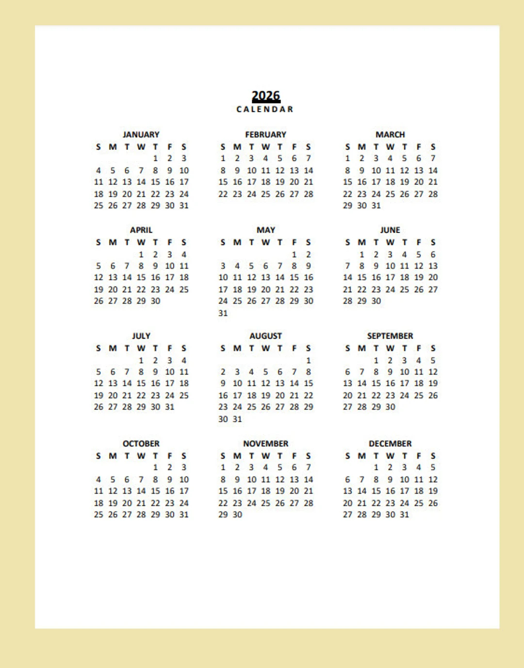 2026 Calendar Printable With Holidays