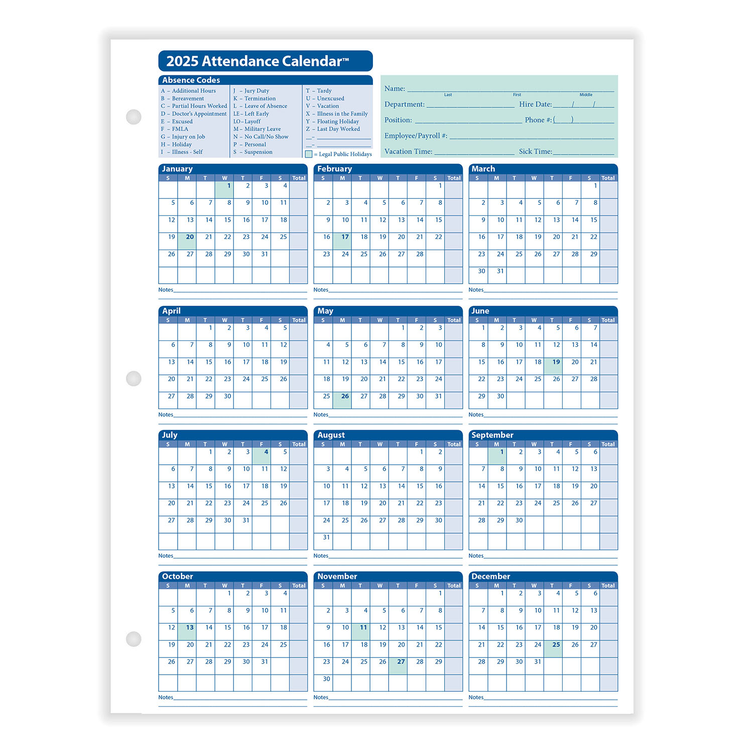 2026 Yearly Employee Attendance Calendar Yearly Calendar HRdirect
