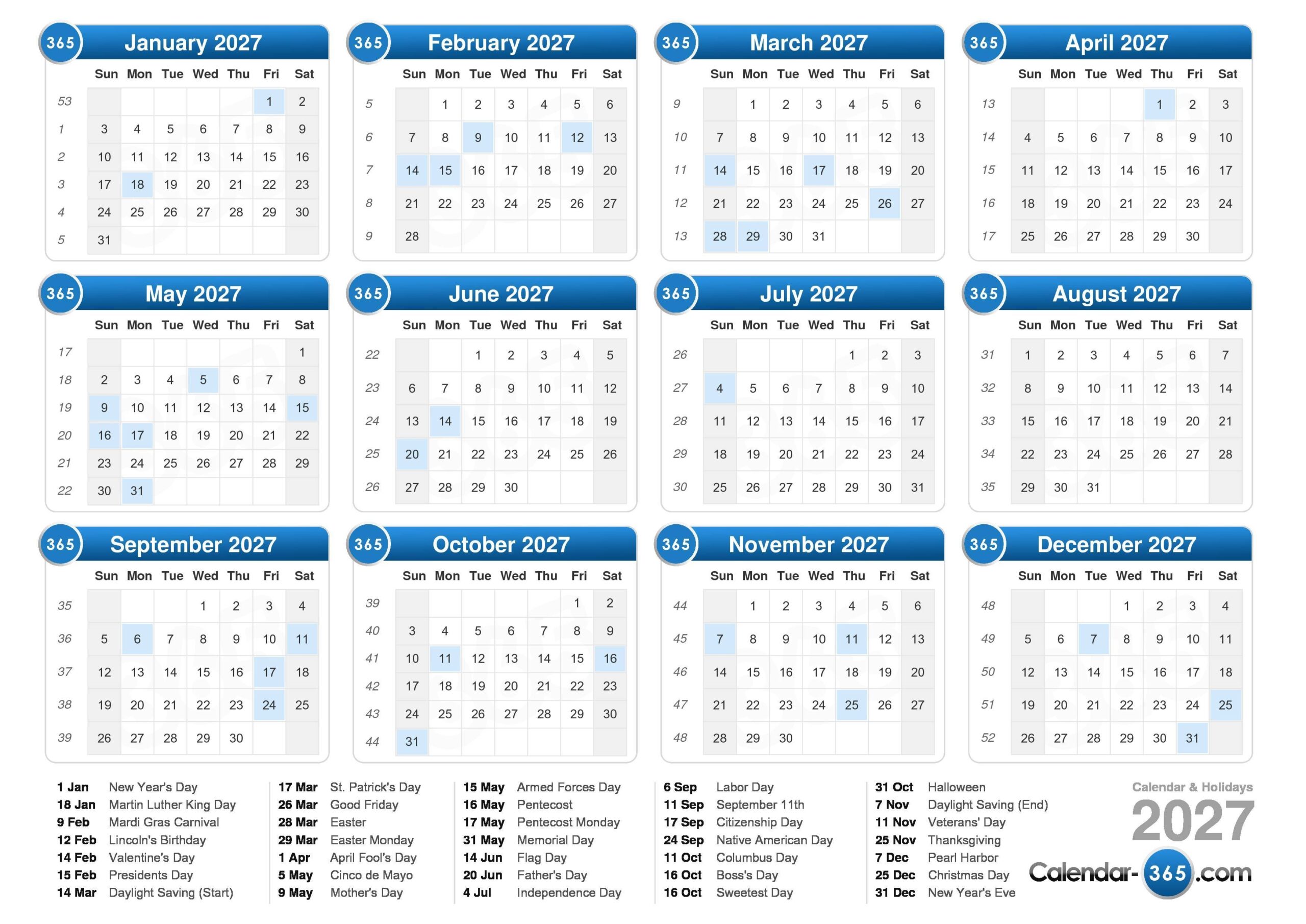 2027 Calendar 2027 Calendar