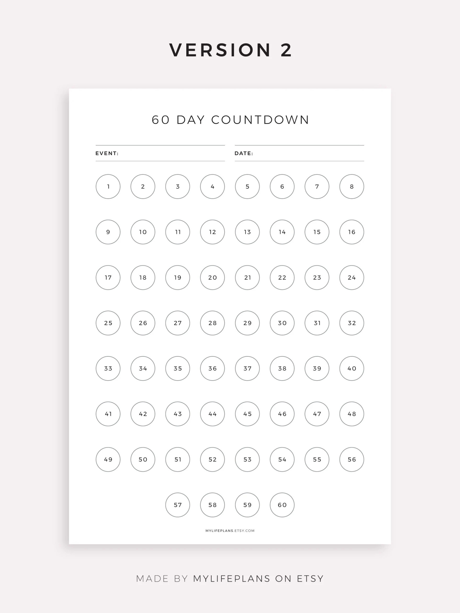 30 60 100 Day Countdown Tracker To Vacation Birthday Wedding New Year Cruise Retirement Ect A4 a5 letter half Instant Download Etsy