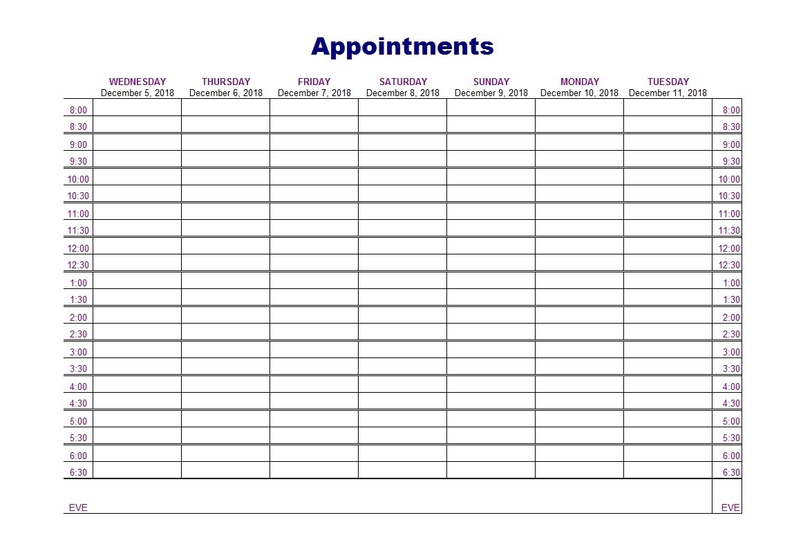Printable Apointment Calendar Weekly
