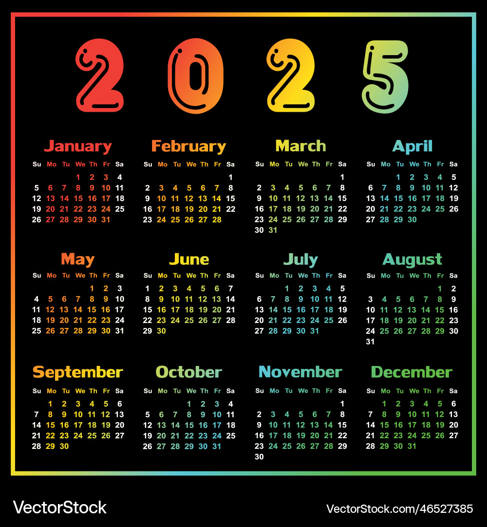 A Calendar Template For Year 2025 Royalty Free Vector Image A Calendar Template For Year 2025 Royalty Free Vector Image