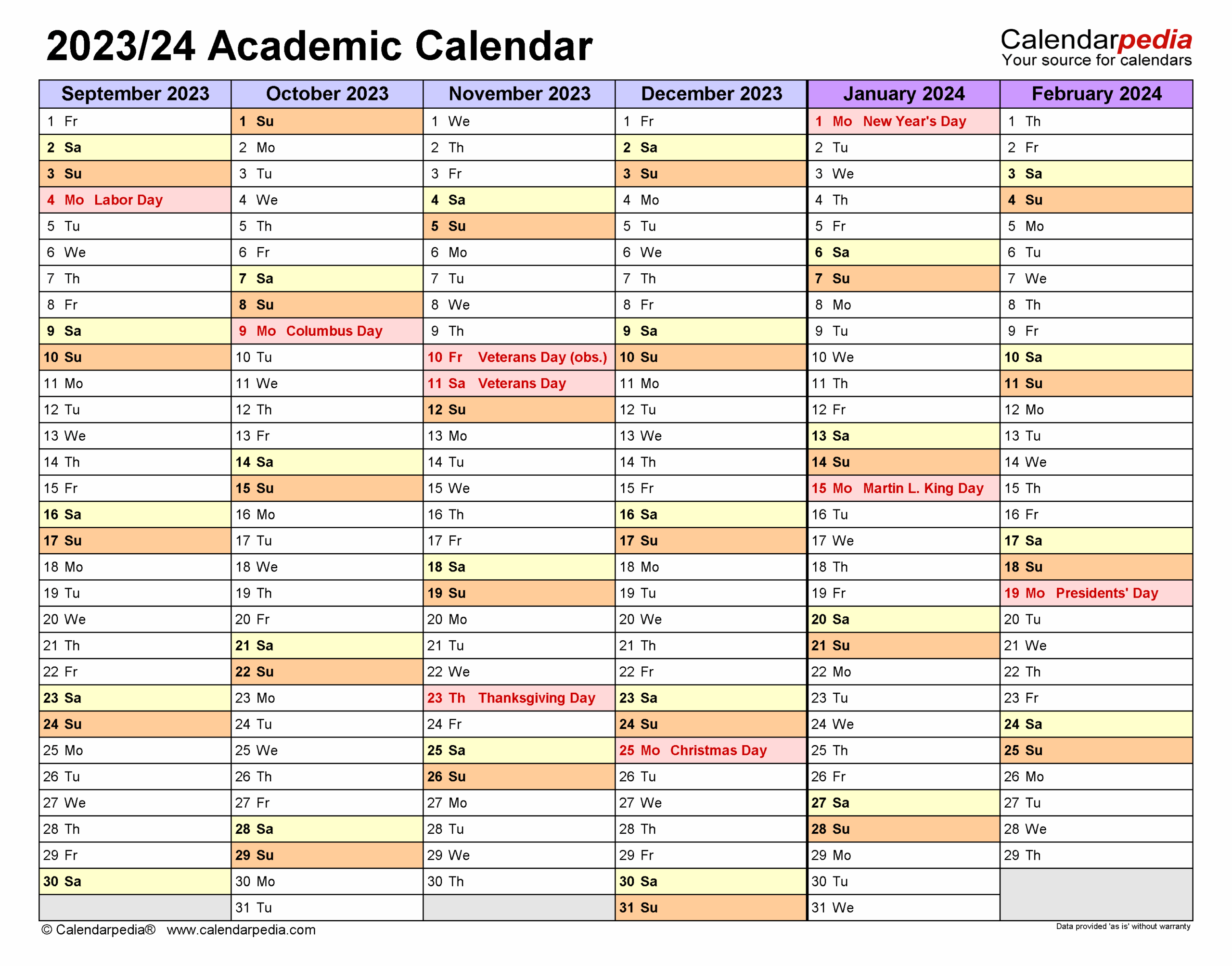 Printable Academic Calendar Vertical