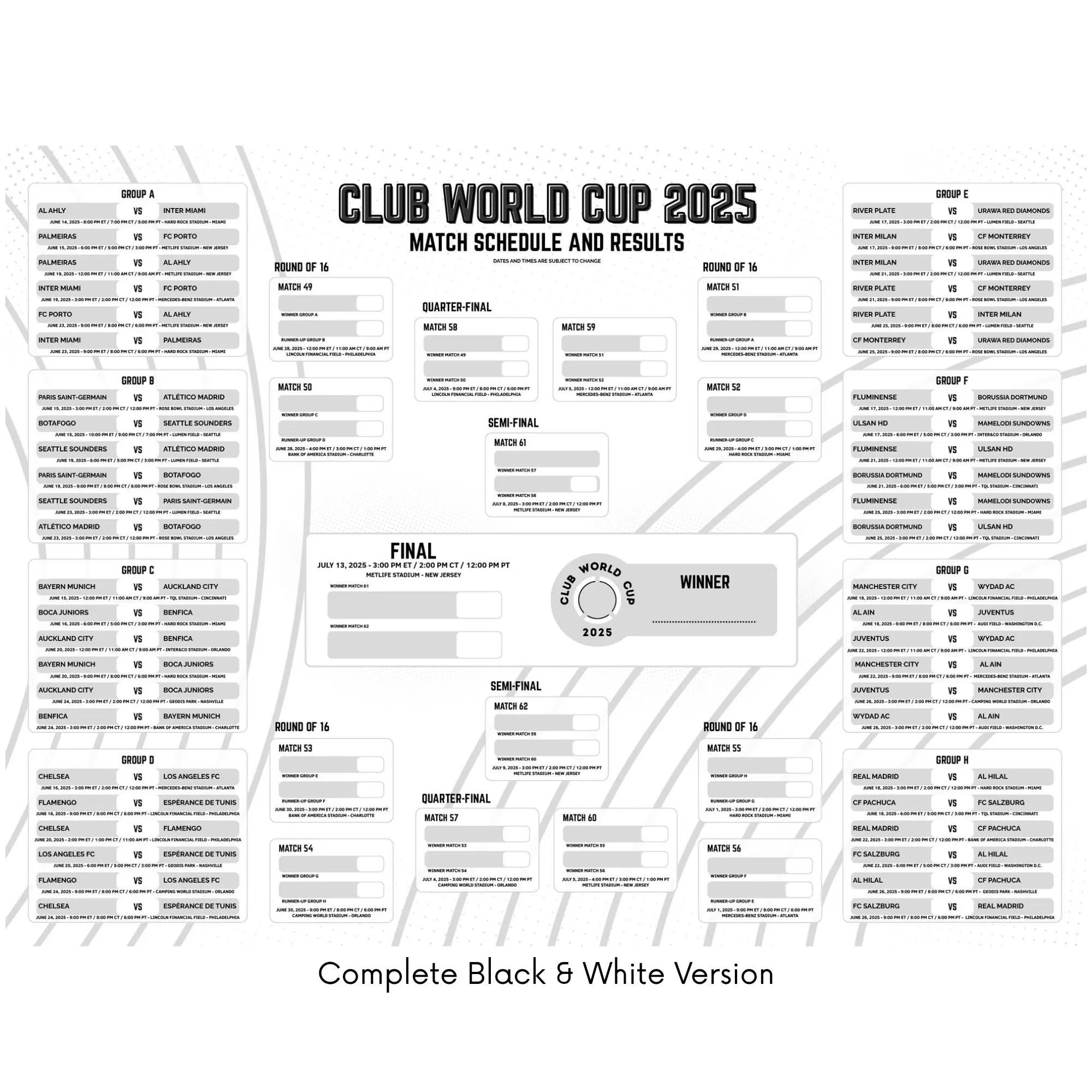 Affiche Soccer Worldwide Club World Cup 2025 Schedule Wall Chart UTC Complete Match Fixtures Results Tracker printable Soccer Calendar Club World Cup Ball