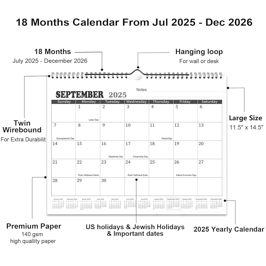 Amazon 2025 2026 Wall Calendar 12 Monthly Calendar From July 2025 June 2026 11 5 X 14 5 2025 2026 Calendar With Notes Twin Wire Binding Hanging Hook Thick Paper Black Office Products