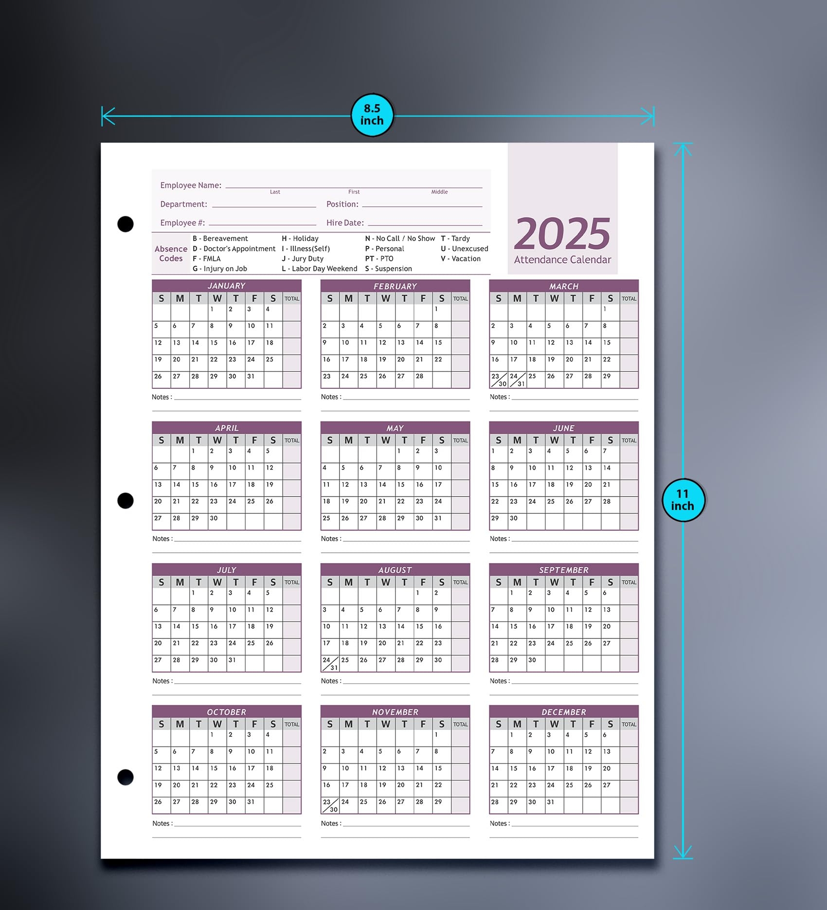 Amazon Attendance Calendar Employee Card Attendance Record Tracker 2025 Heavy 100lb Cardstock Paper 8 5 X 11 Inches Purple Pack Of 25 Sheets Office Products