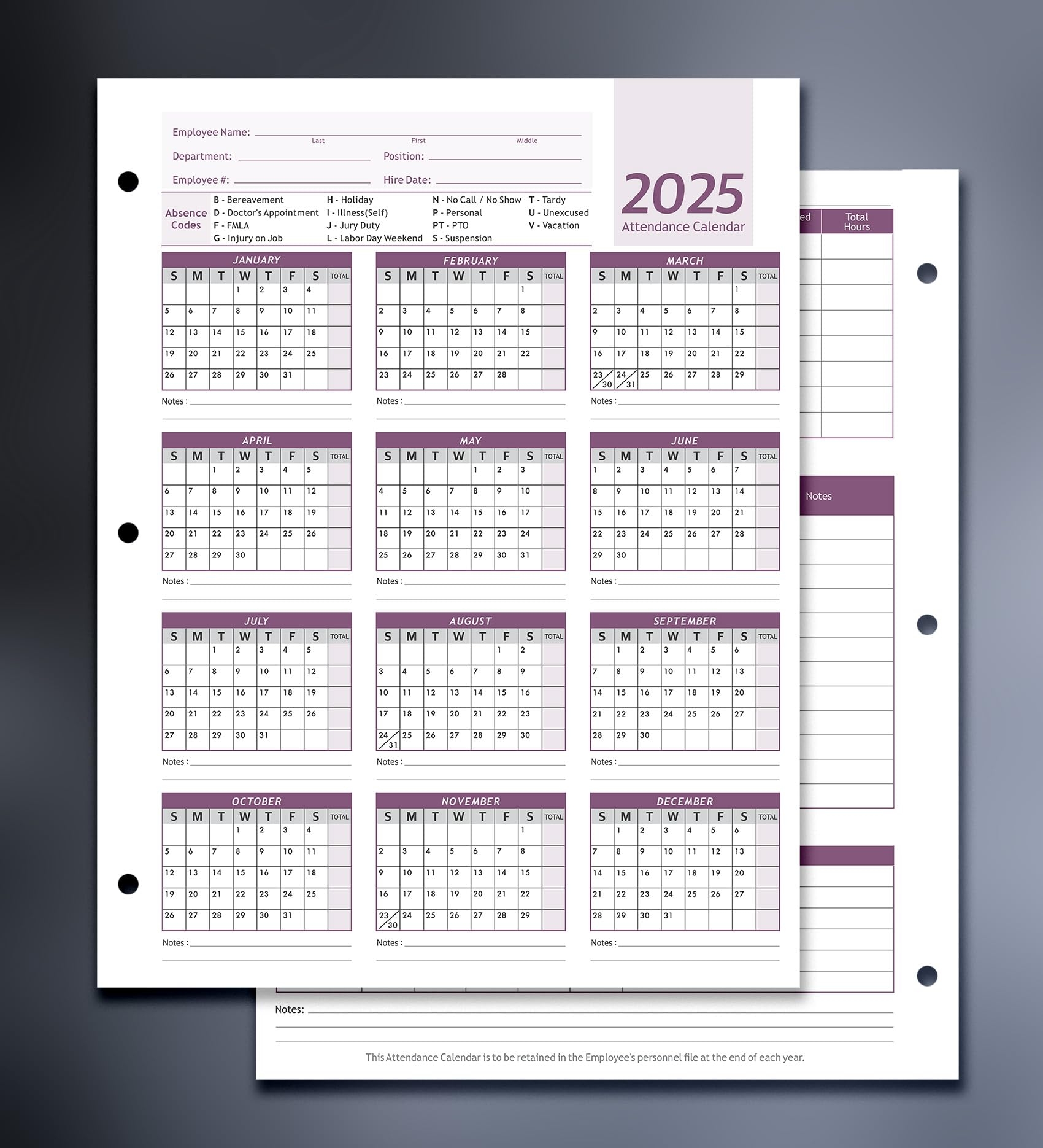 Amazon Attendance Calendar Employee Card Attendance Record Tracker 2025 Heavy 100lb Cardstock Paper 8 5 X 11 Inches Purple Pack Of 25 Sheets Office Products