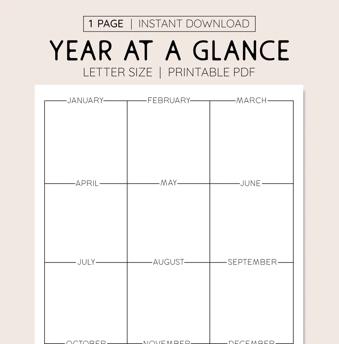 Any Year At A Glance INSTANT DOWNLOAD Printable Yearly Calendar Planner Printable Annual Overview Monthly View Etsy