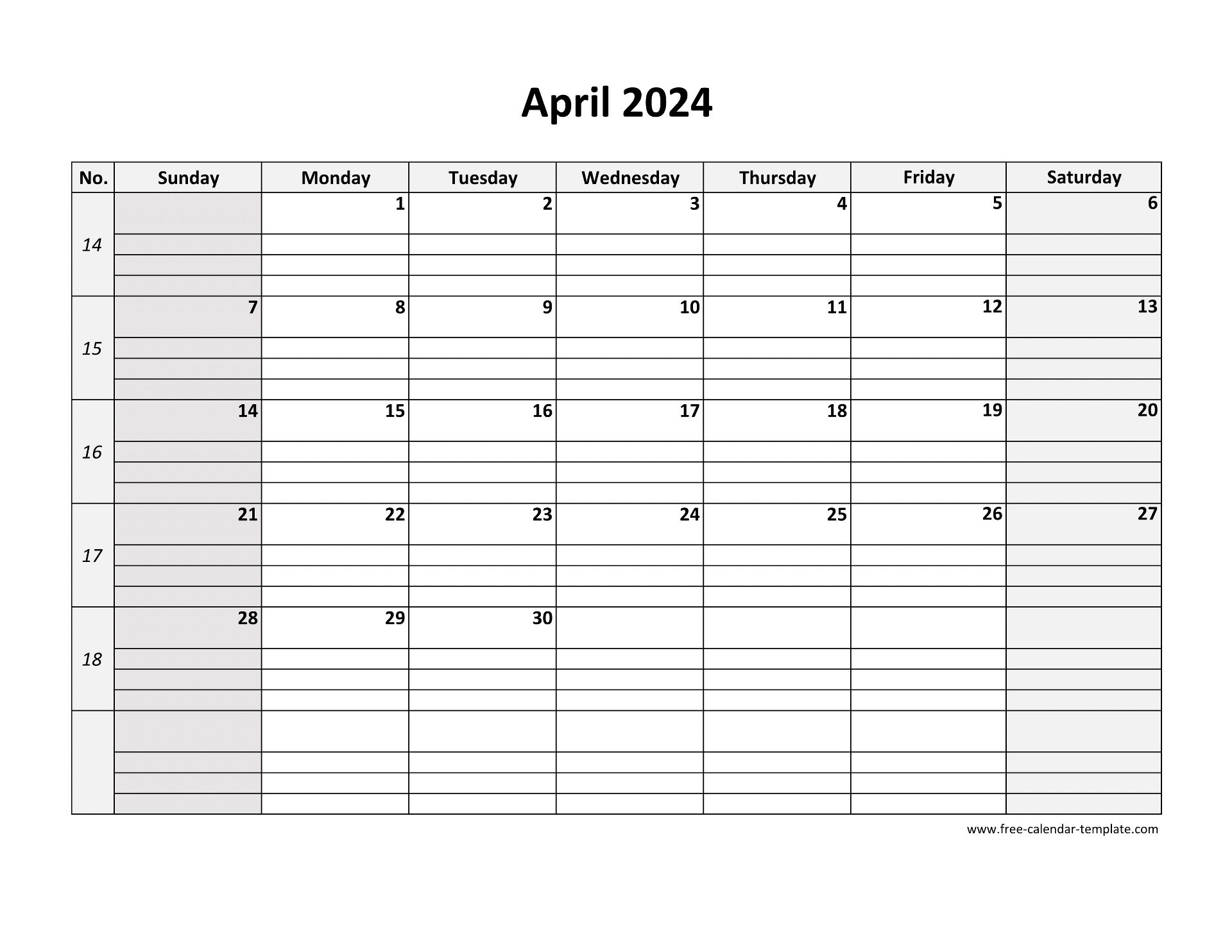 April 2024 Calendar Free Printable With Grid Lines Designed horizontal Free calendar template