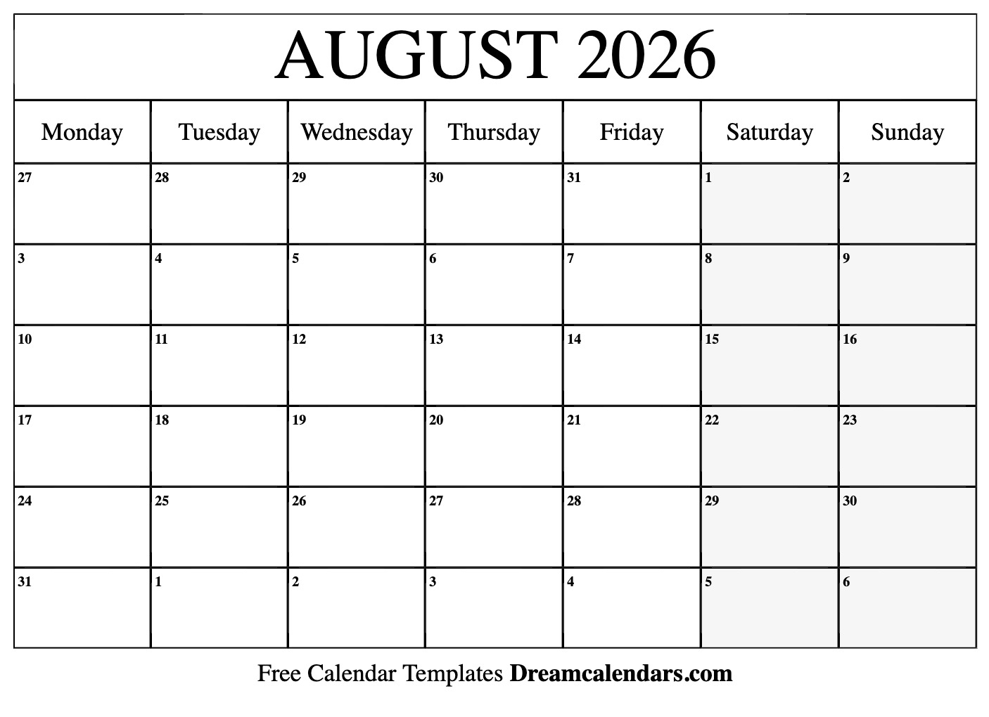 Printable Calendar August 2026 Free