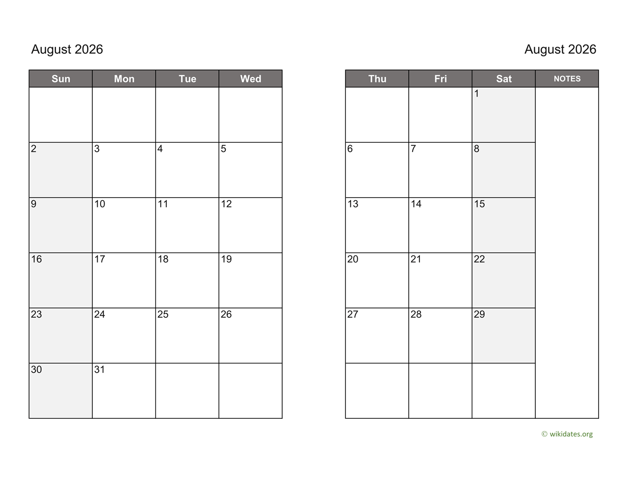August 2026 Calendar On Two Pages WikiDates