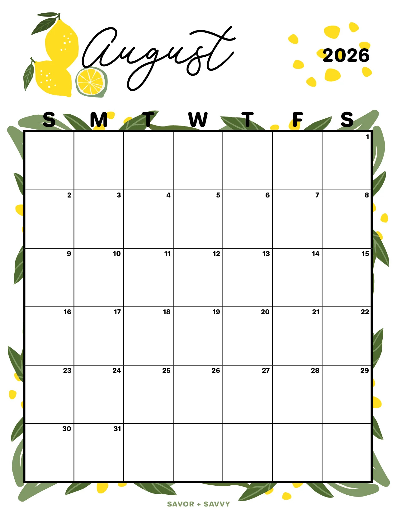 Cute August 2026 Printable Calendar