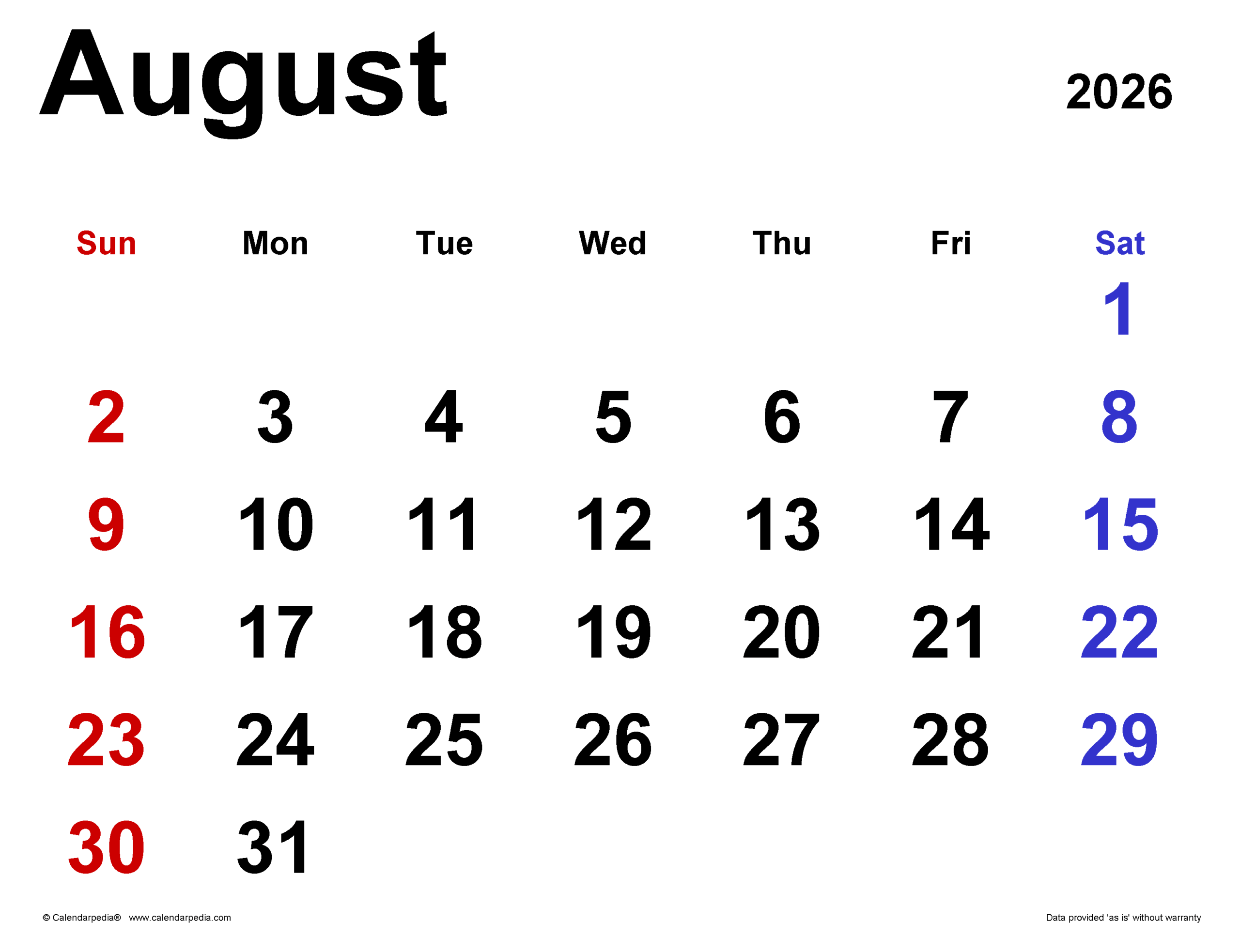 August 2026 Calendar Templates For PDF Excel And Word