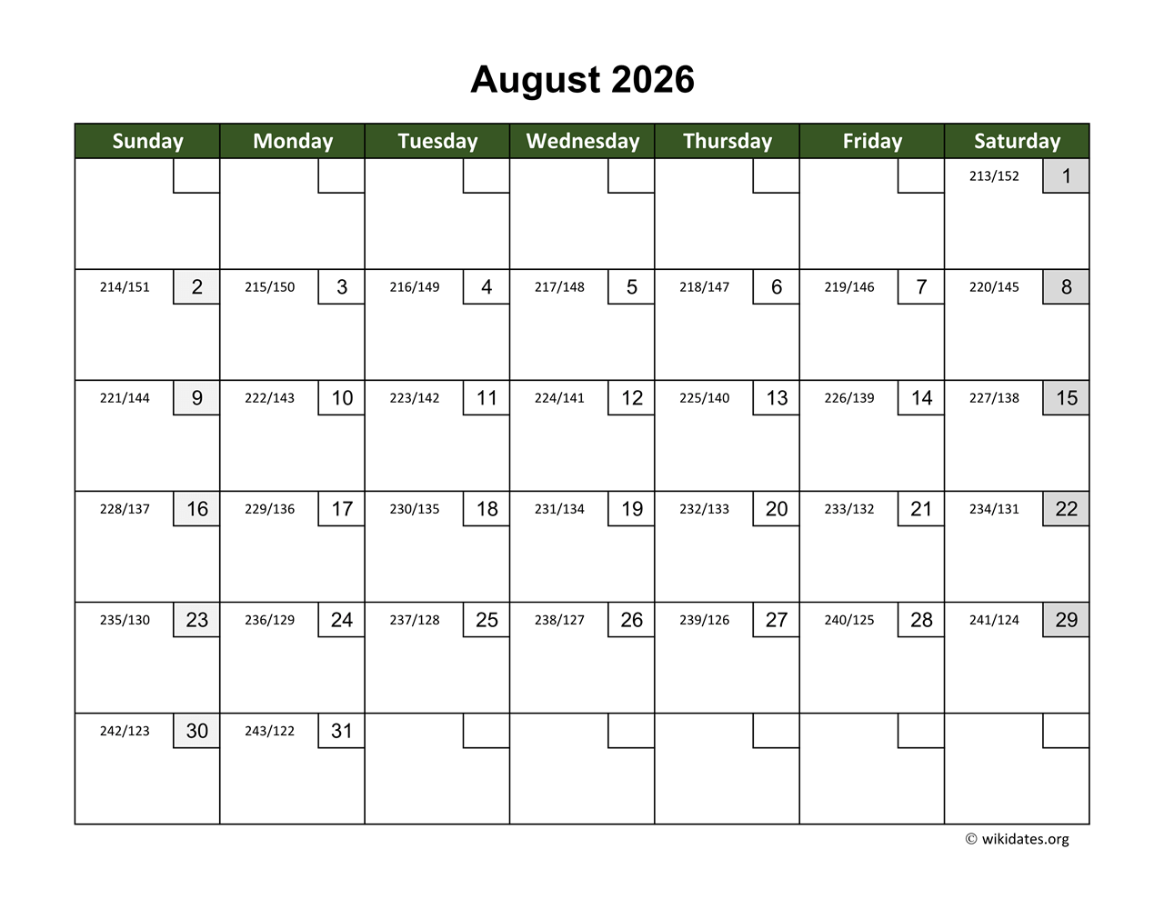 August 2026 Calendar With Day Numbers WikiDates August 2026 Calendar With Day Numbers WikiDates