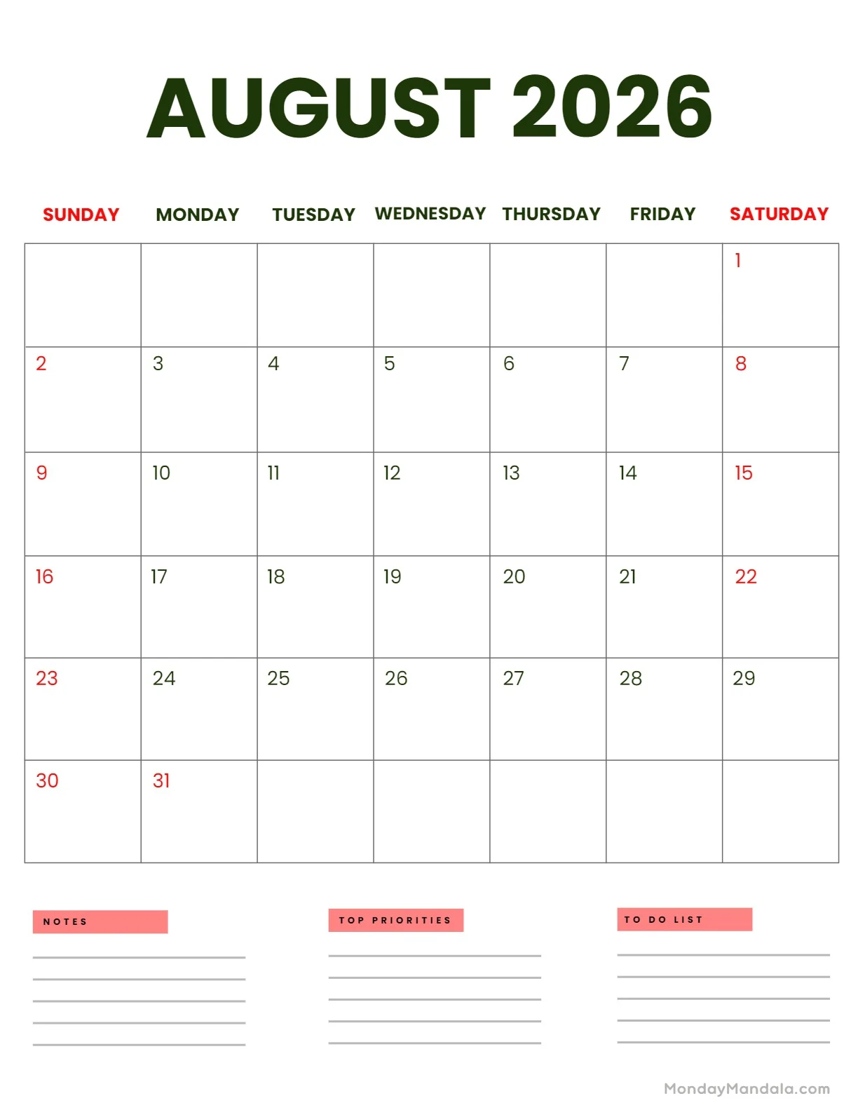 August 2026 Calendars 52 Free PDF Printables August 2026 Calendars 52 Free PDF Printables