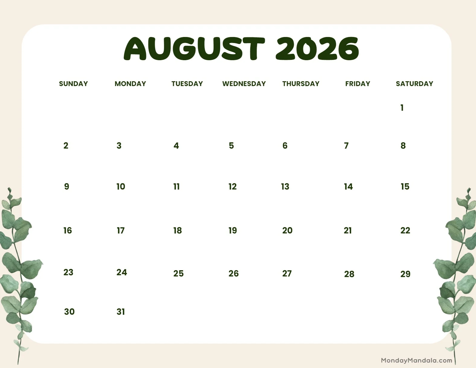 August 2026 Calendars 52 Free PDF Printables August 2026 Calendars 52 Free PDF Printables