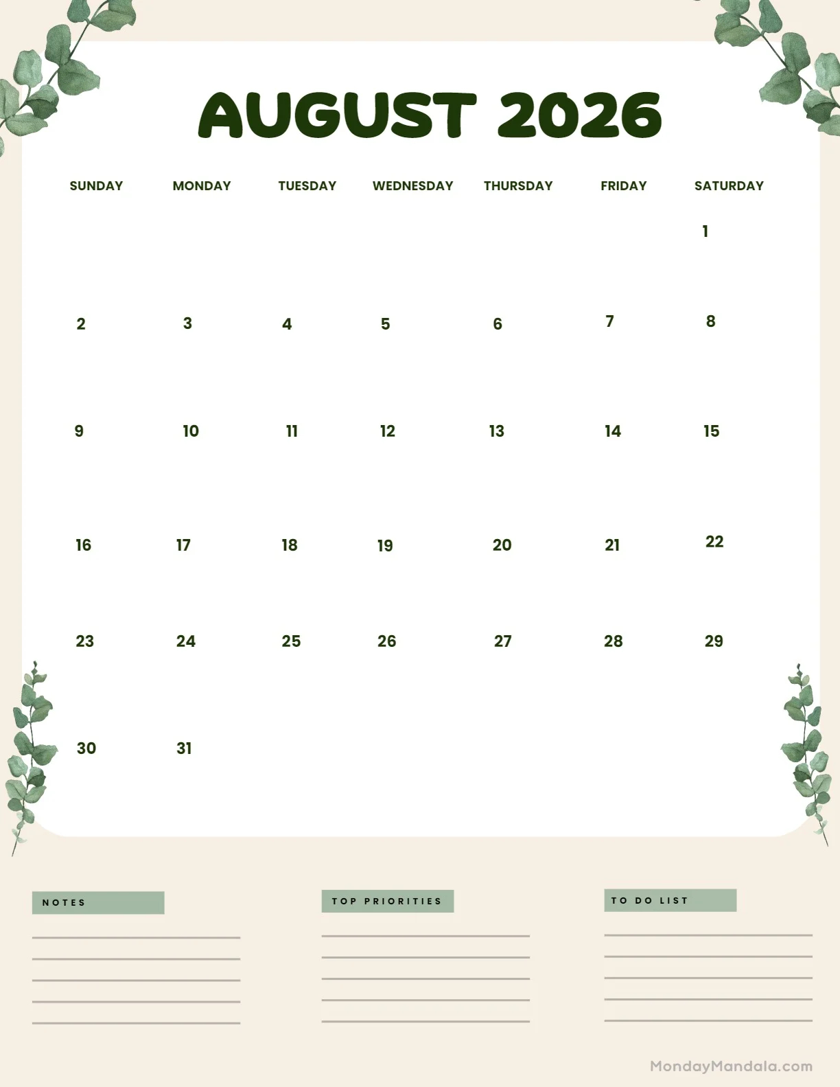 Cute August 2026 Calendar Printable