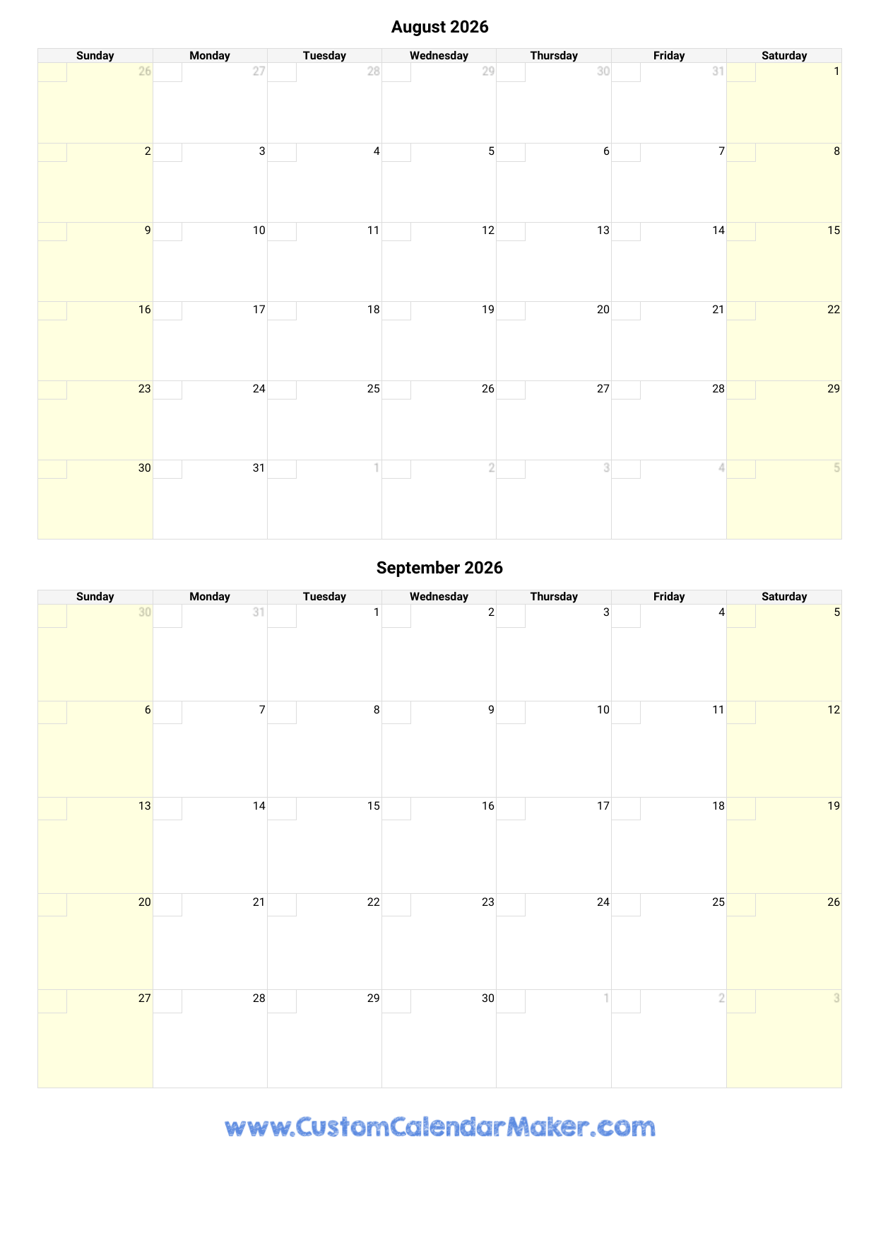 August And September 2026 Calendar Custom Calendar Maker August And September 2026 Calendar Custom Calendar Maker
