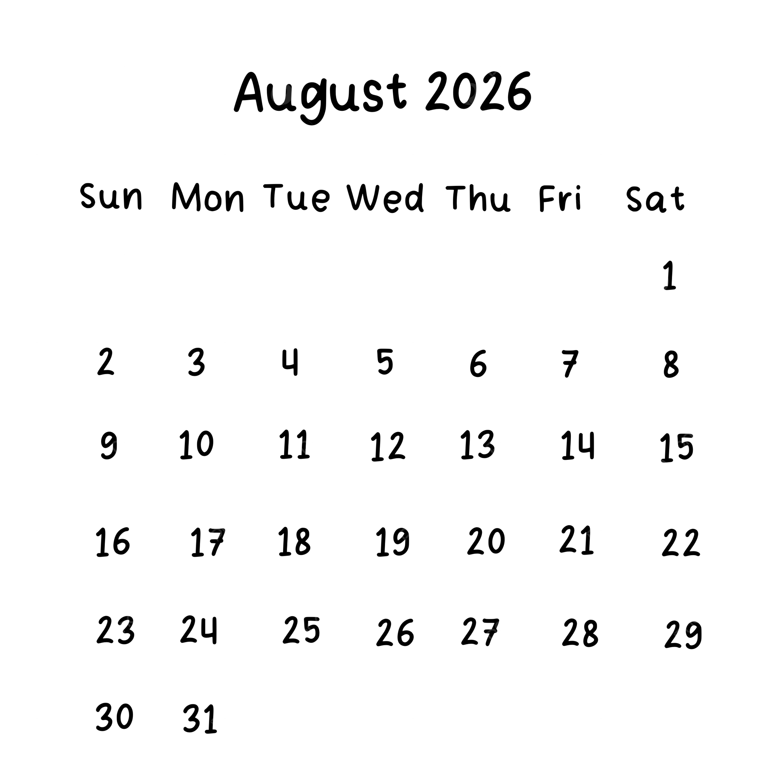 August Monthly Calendar 2026 In Black Color August 2026 Calendar PNG Transparent Clipart Image And PSD File For Free Download