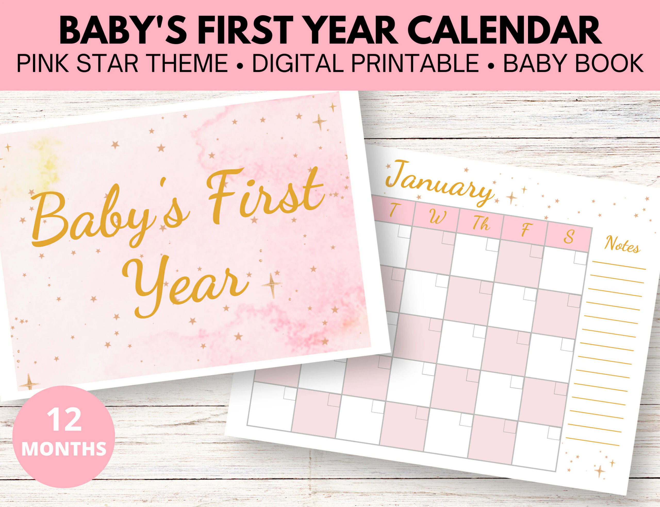 Baby s First Year Digital Printable Calendar pink Stars Etsy