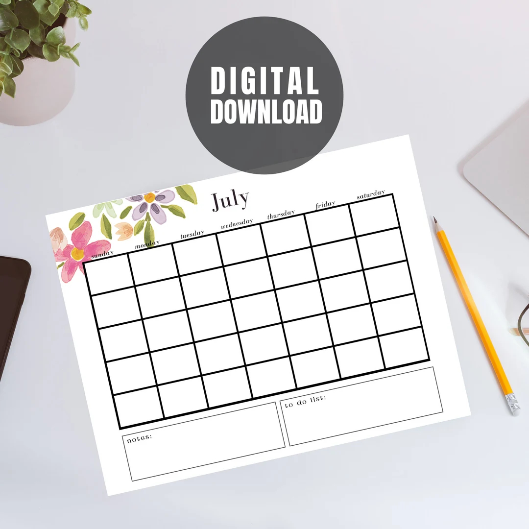 BEST VALUE July Printable Undated Calendar Sheet Instant Download Undated July Calendar Desk Notes DIY Printable Monthly Blank Calendar Etsy