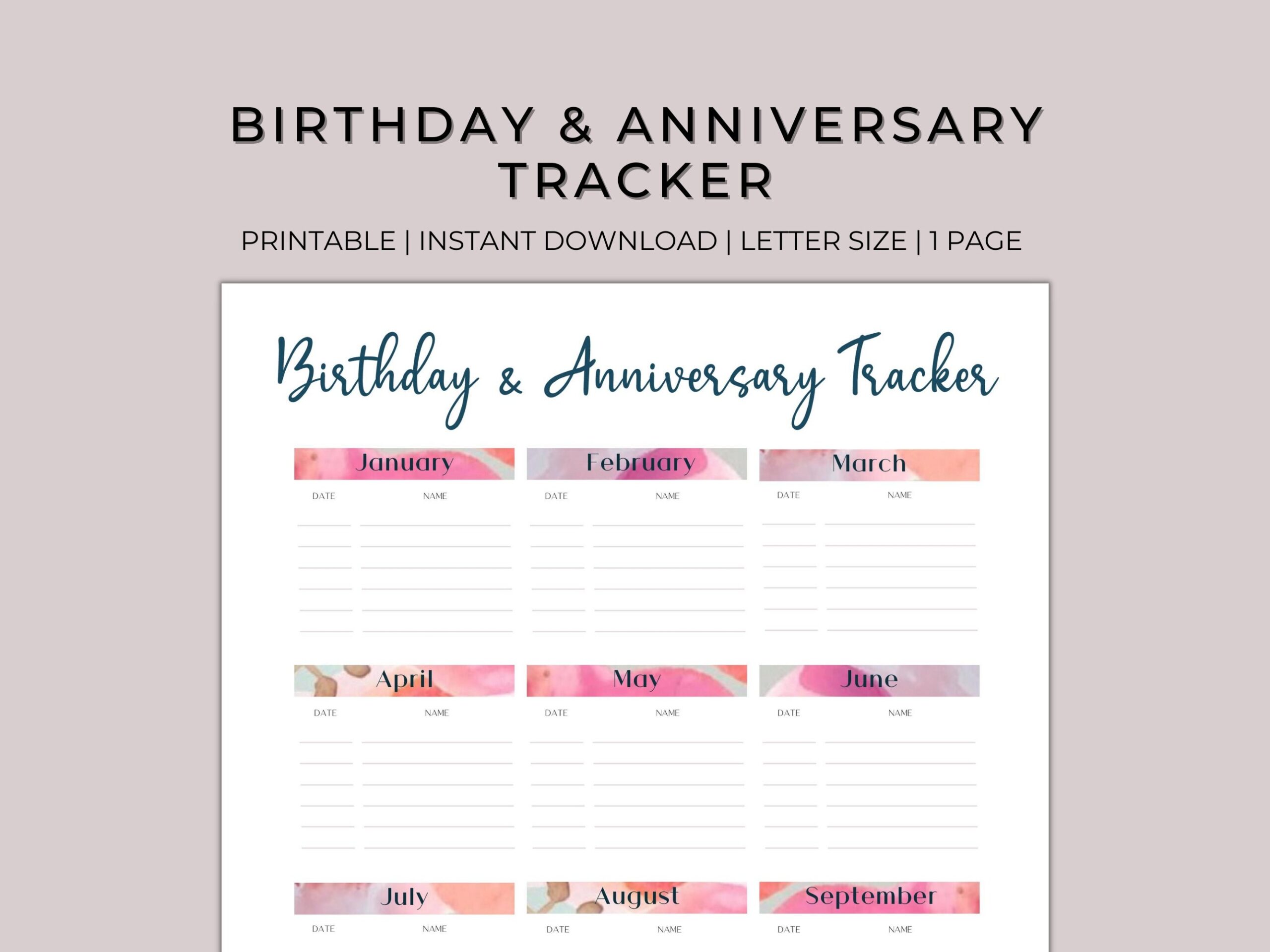 Birthday And Anniversary Calendar Printable