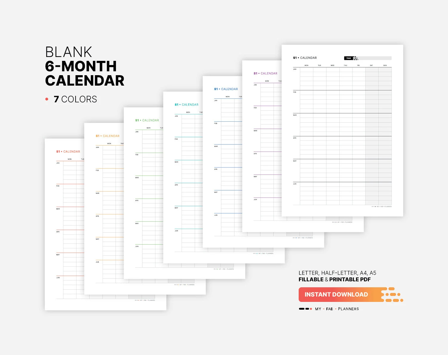Blank 6 month Calendar Yearly Semester Wall Calendar Fillable Year Overview Planner Template Printable Half Letter A4 A5 PDF Template Etsy
