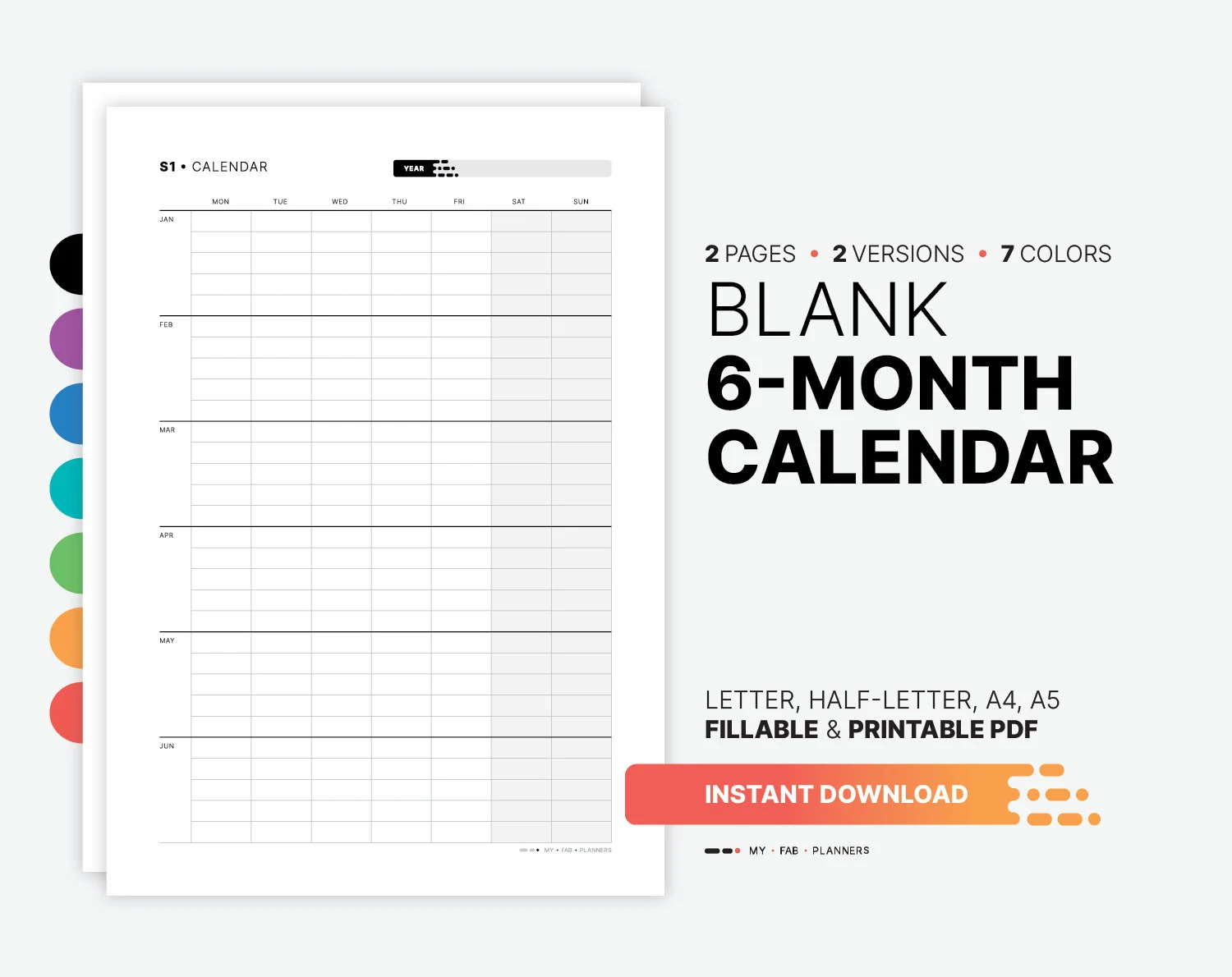 Blank 6 month Calendar Yearly Semester Wall Calendar Fillable Year Overview Planner Template Printable Half Letter A4 A5 PDF Template Etsy