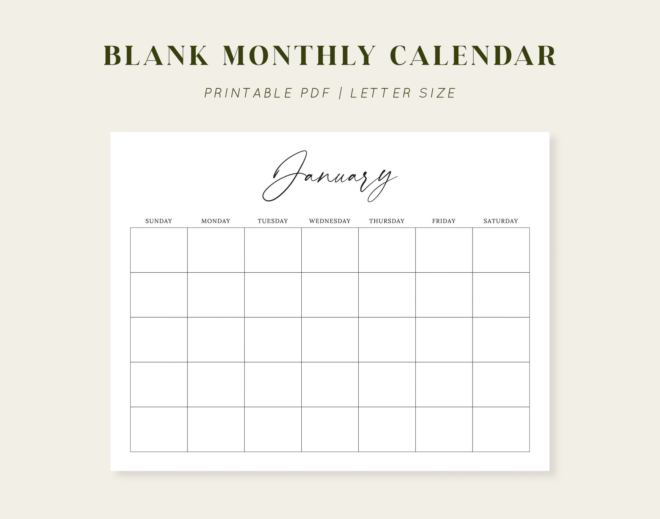 Blank Monthly Calendar Printable Calendar 8 5x11 Letter Size January december Horizontal Calendar Minimalist Calendar Digital File Etsy