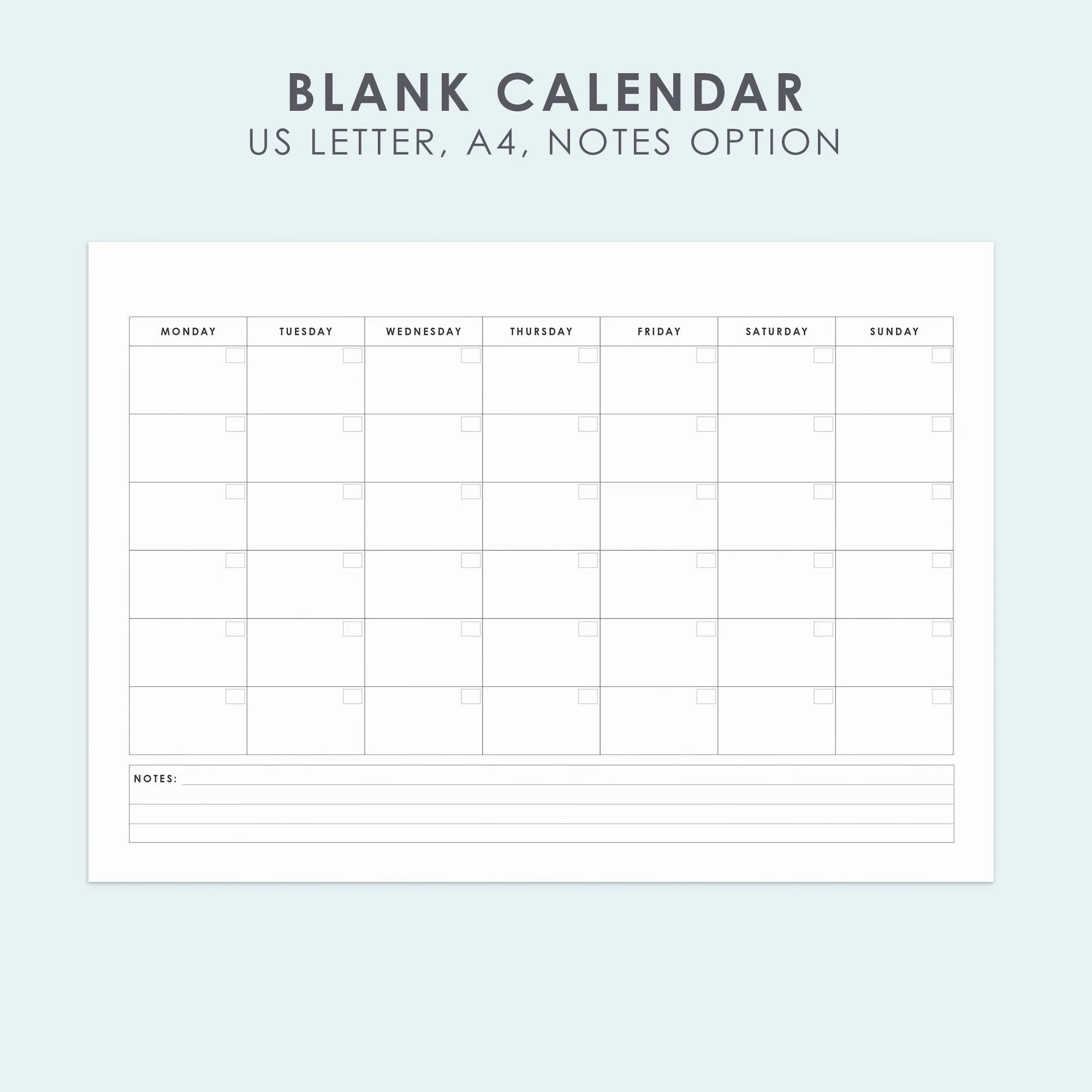Blank Monthly Calendar With Notes Fillable Printable PDF Calendar Landscape A4 US Letter Monday Sunday Start Blank Calendar Planner Etsy