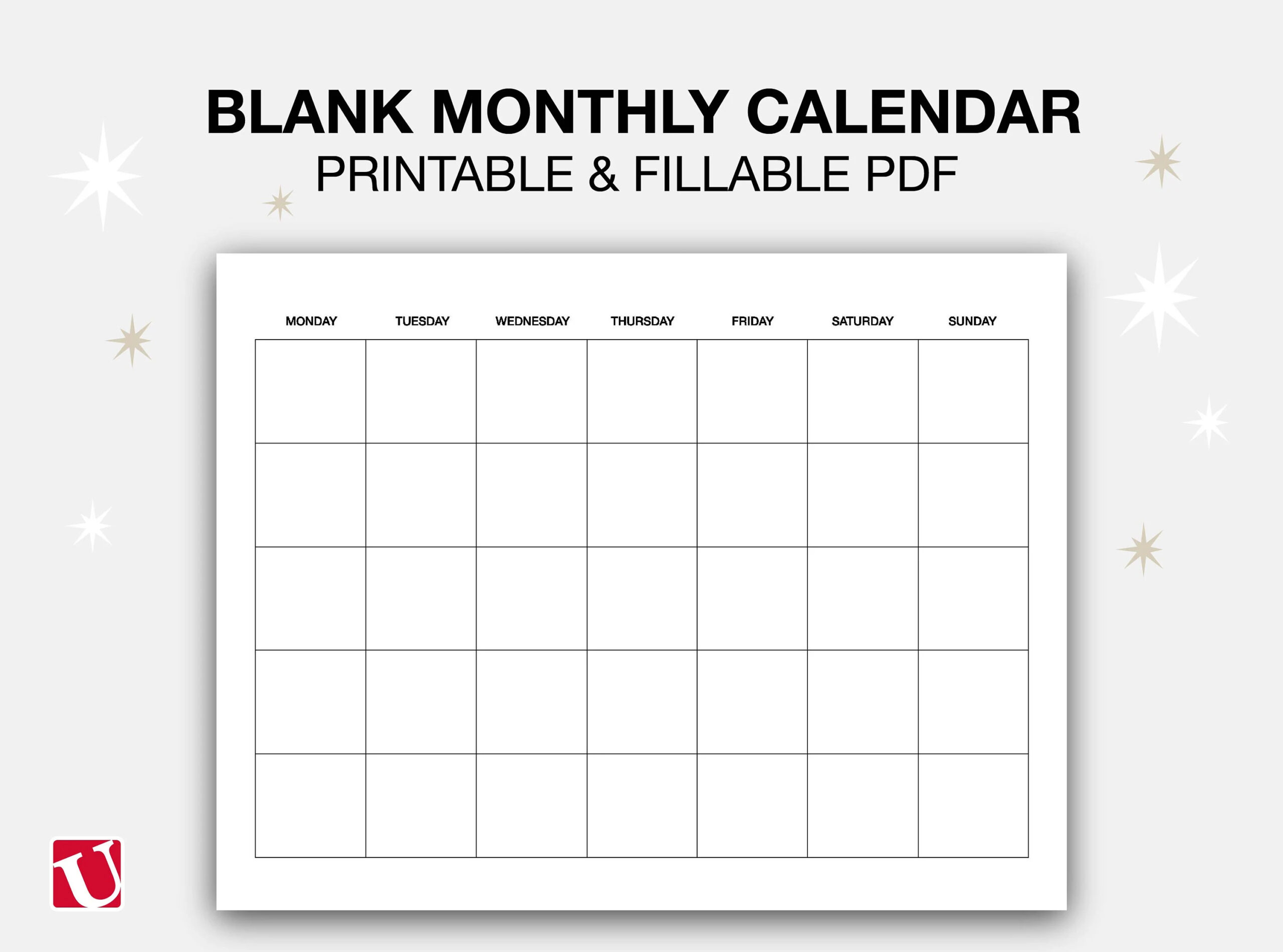Blank Monthly Printable Calendar Undated Minimalist Calendar Template Landscape Monday sunday Start Printable Fillable PDF Calendar Etsy