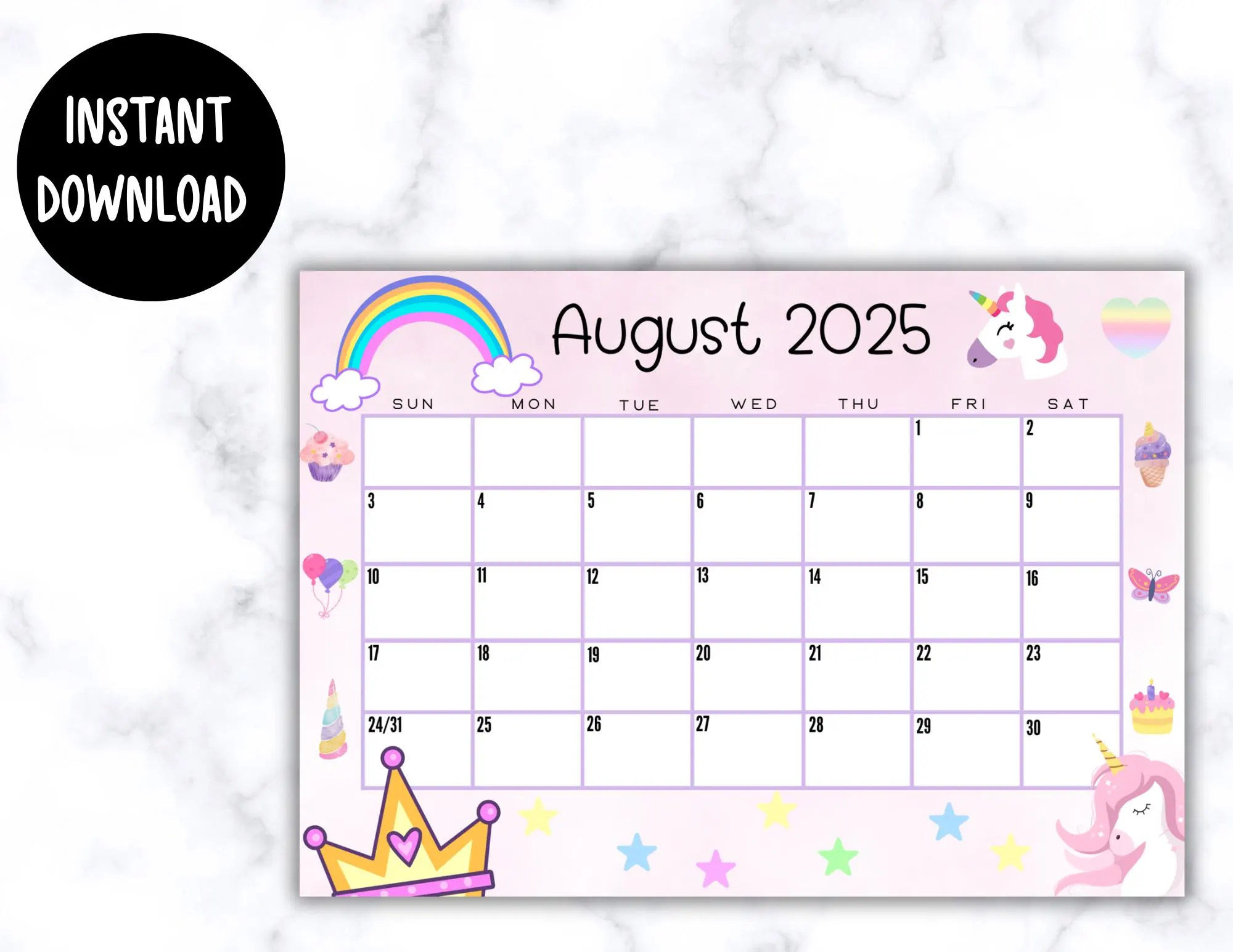 Buy EDITABLE Printable August Calendar 2025 Kid s Calendar Preschool Calendar Cute Unicorn August 2025 Calendar Fillable Calendar Online In India Etsy