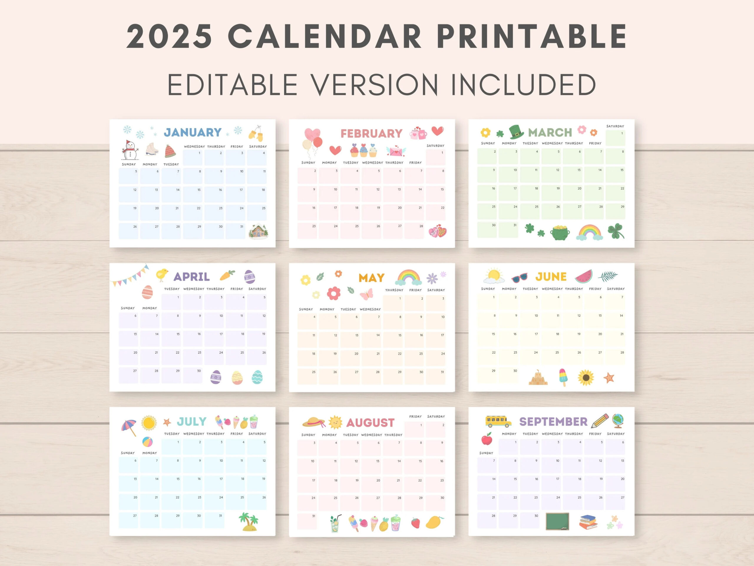Calendar 2025 Printable Calendar 2025 Calendar Monthly Calendar Kids Calendar Editable Calendar Calendar PDF Calendar Download PDF Etsy