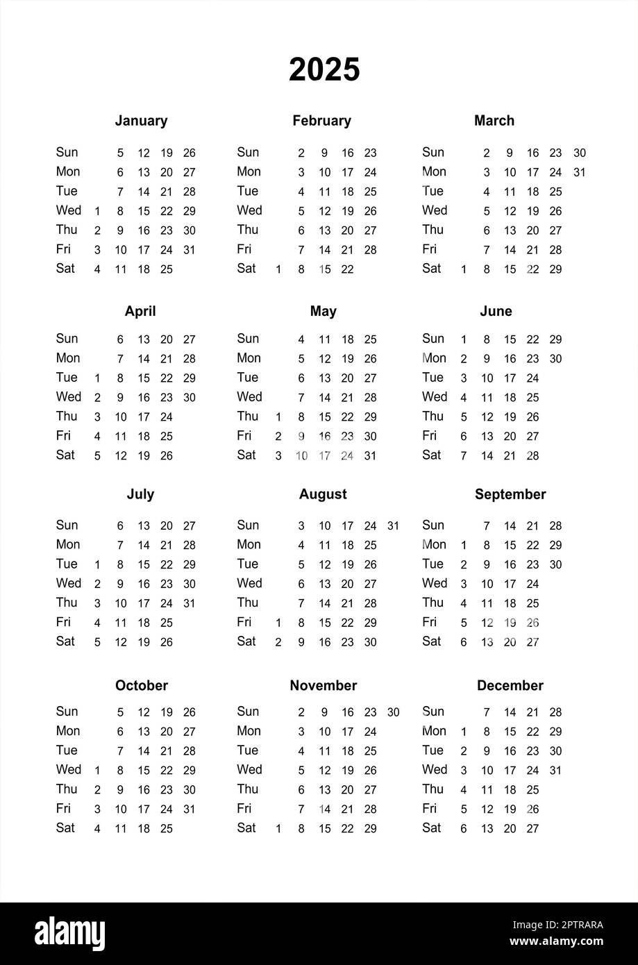 Calendar 2025 Printable Calendar For 2025 Sunday Start Minimalist Style Stock Photo Alamy